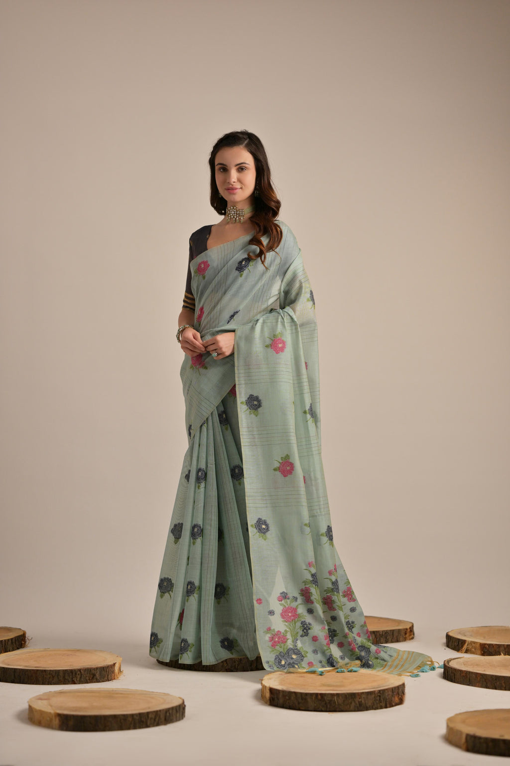 Firozi Muga Cotton Saree With Blue Blouse