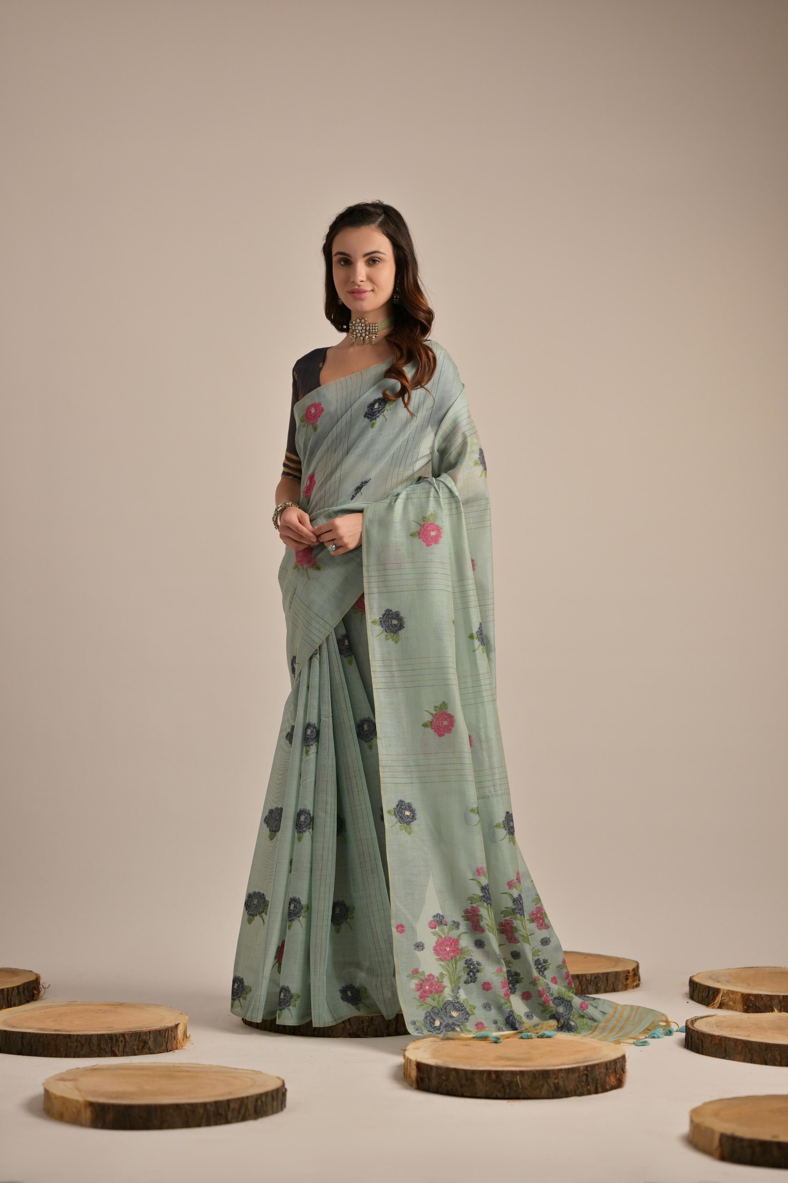 Firozi Muga Cotton Saree With Blue Blouse