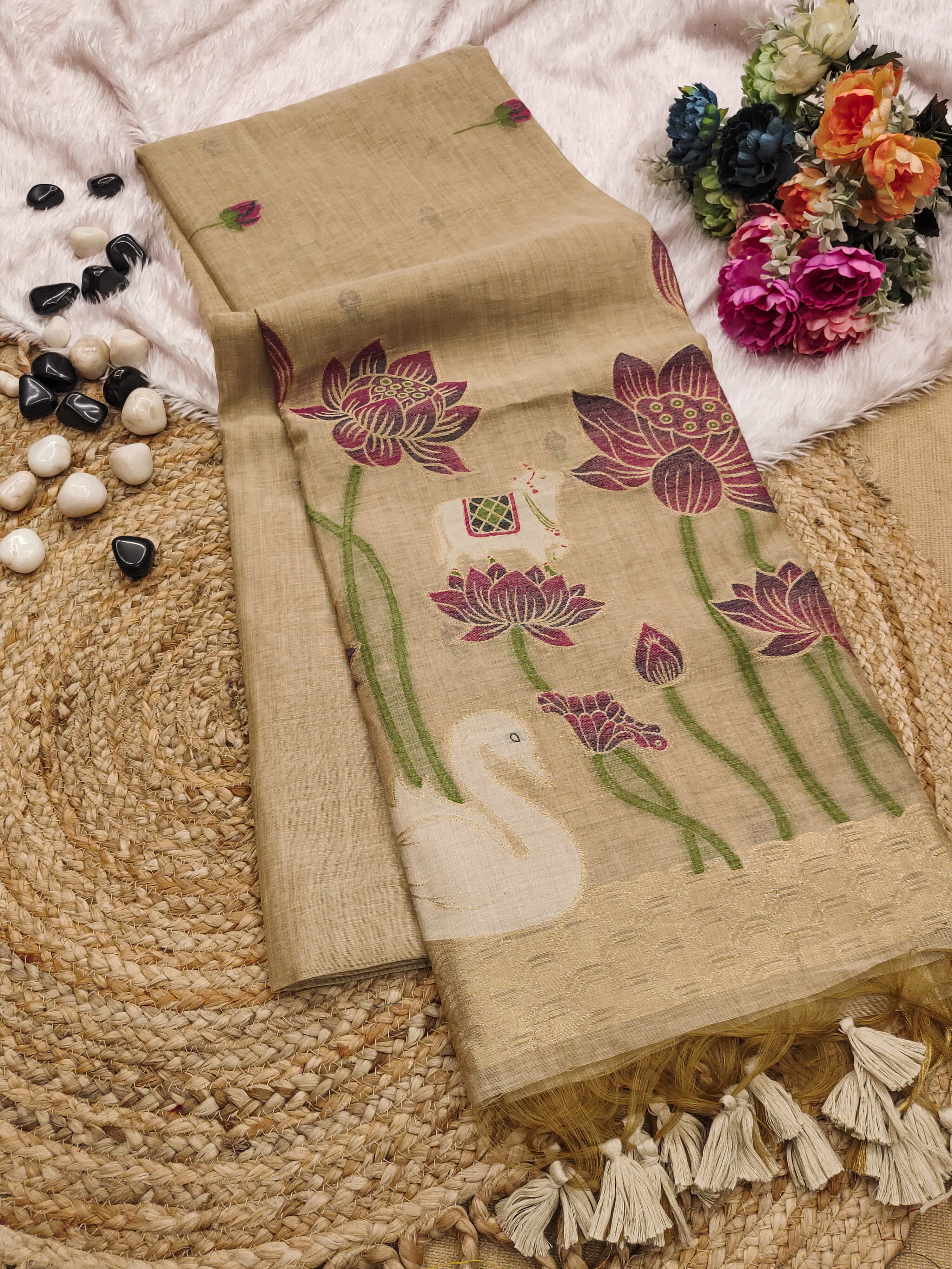 Muga Cotton Saree With Hans Lotus Design - Chiku