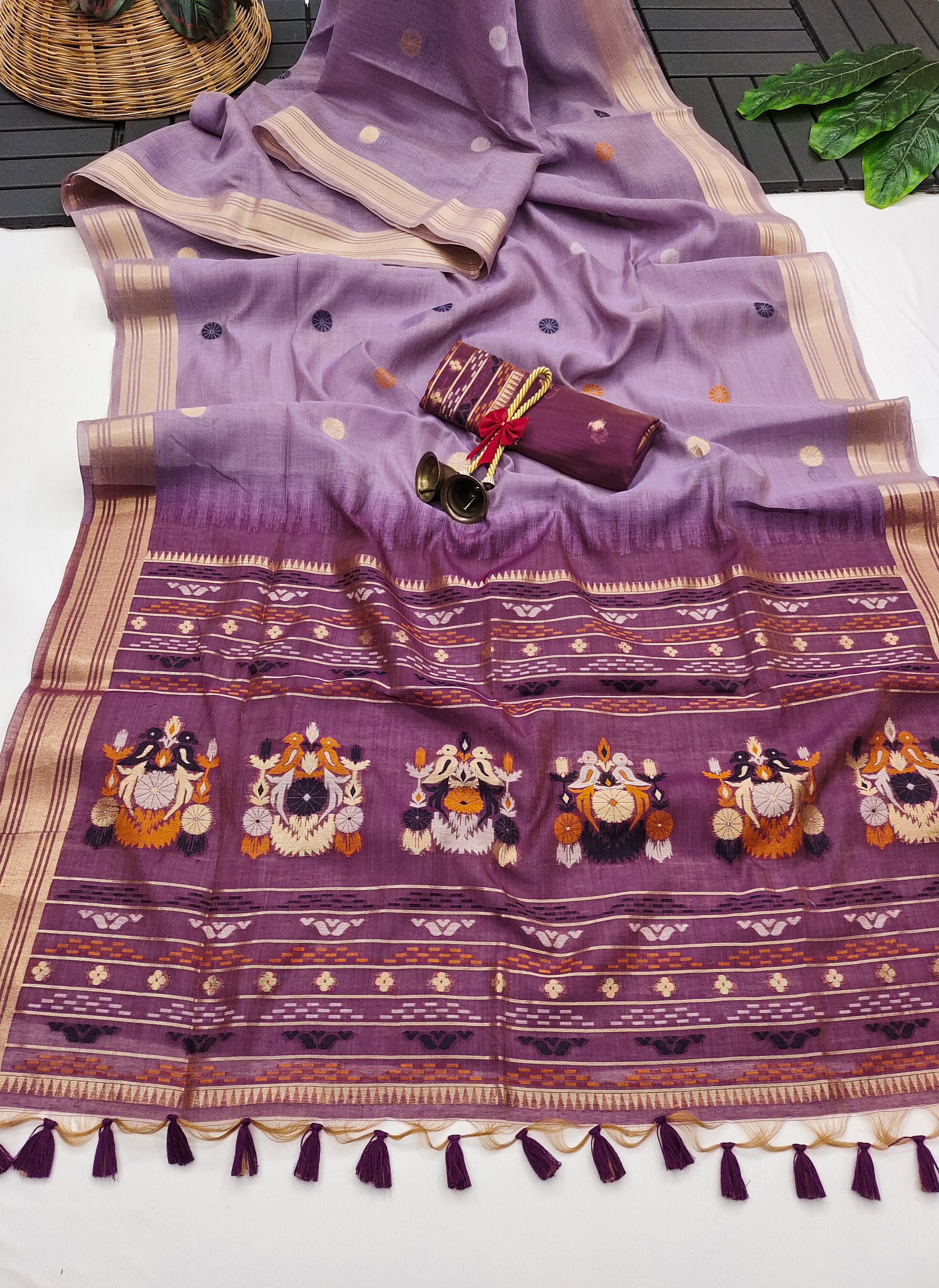 Muga Cotton Saree With Floral Design - LAVENDER