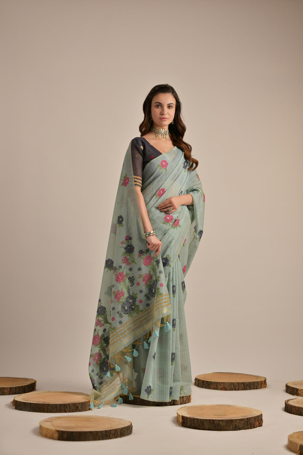Firozi Muga Cotton Saree With Blue Blouse