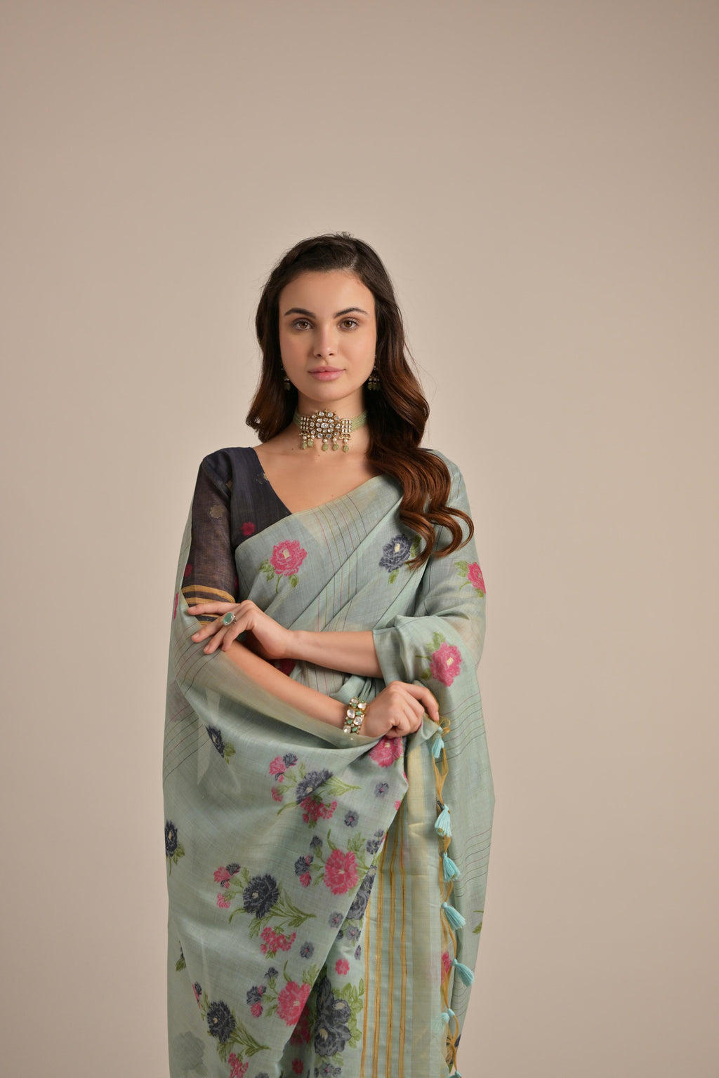 Firozi Muga Cotton Saree With Blue Blouse