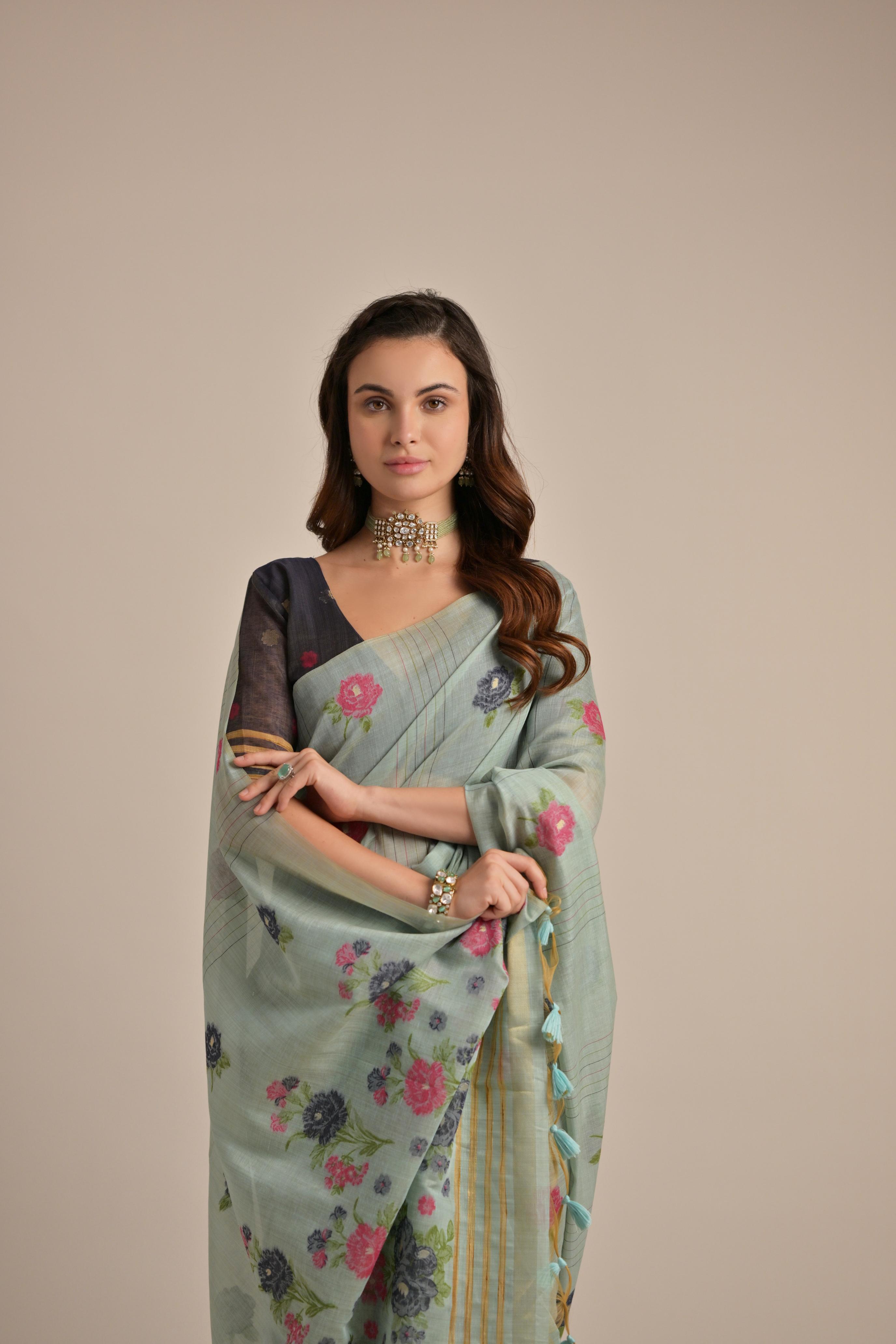 Firozi Muga Cotton Saree With Blue Blouse