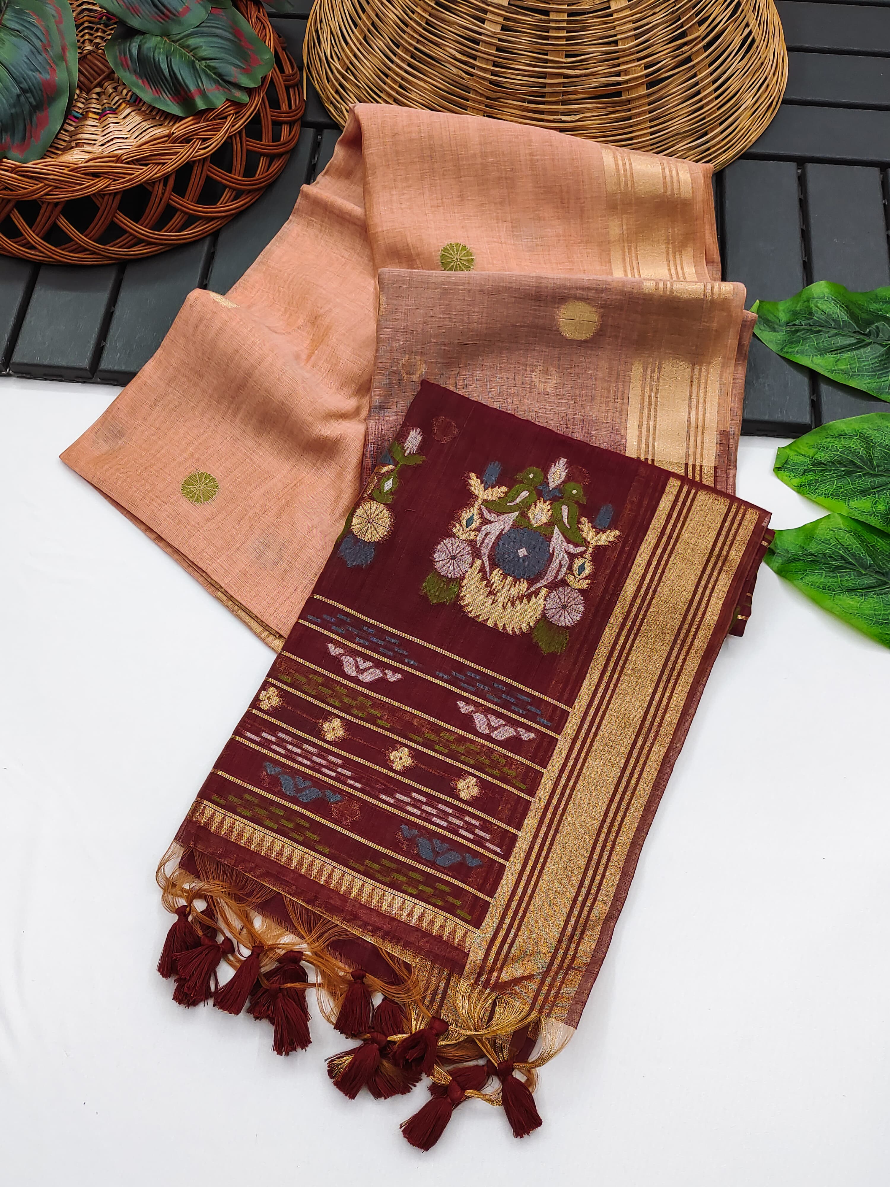 Muga Cotton Saree With Floral Design - PEACH