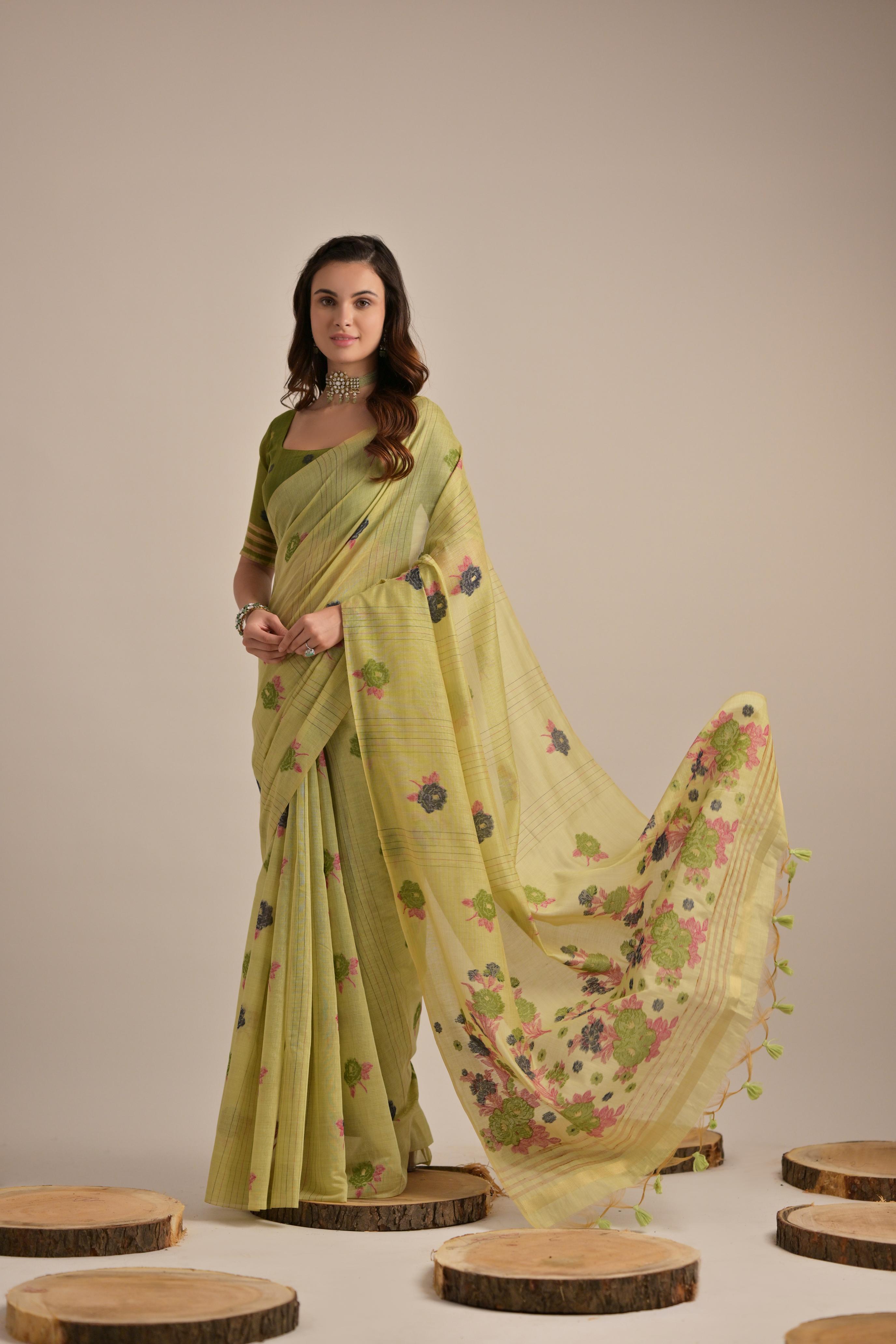 Trendy Pista Muga Cotton Saree