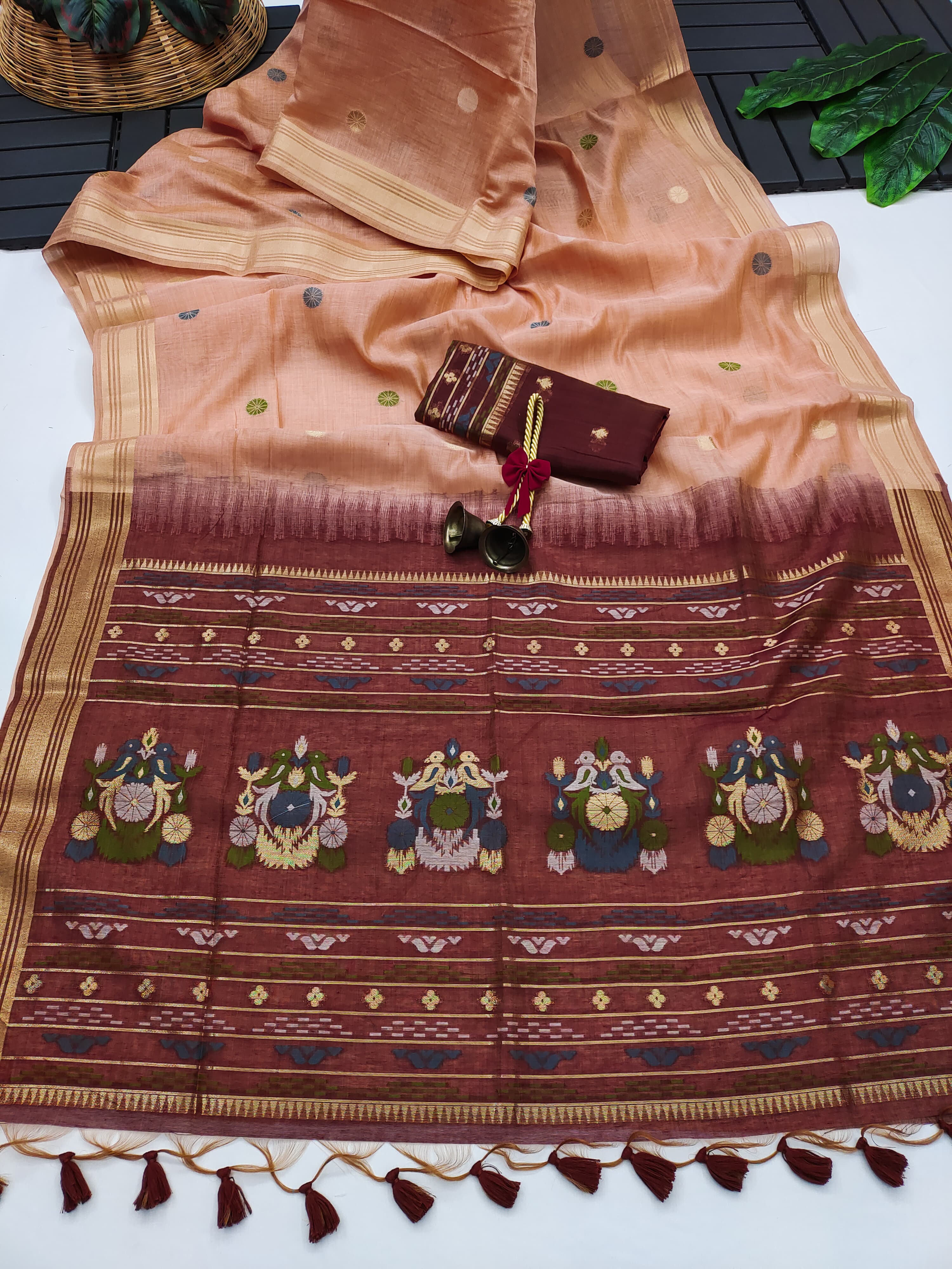 Muga Cotton Saree With Floral Design - PEACH