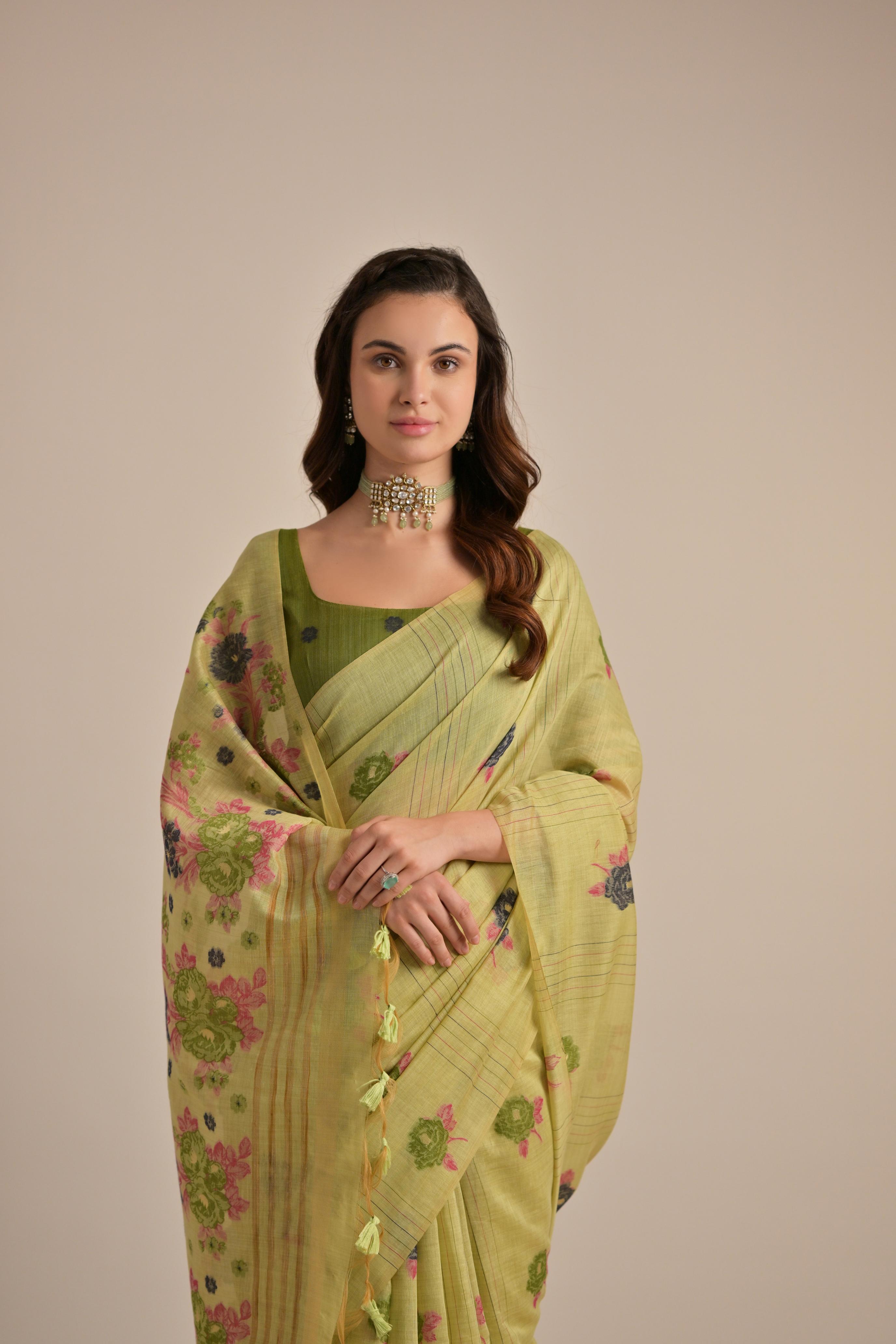 Trendy Pista Muga Cotton Saree