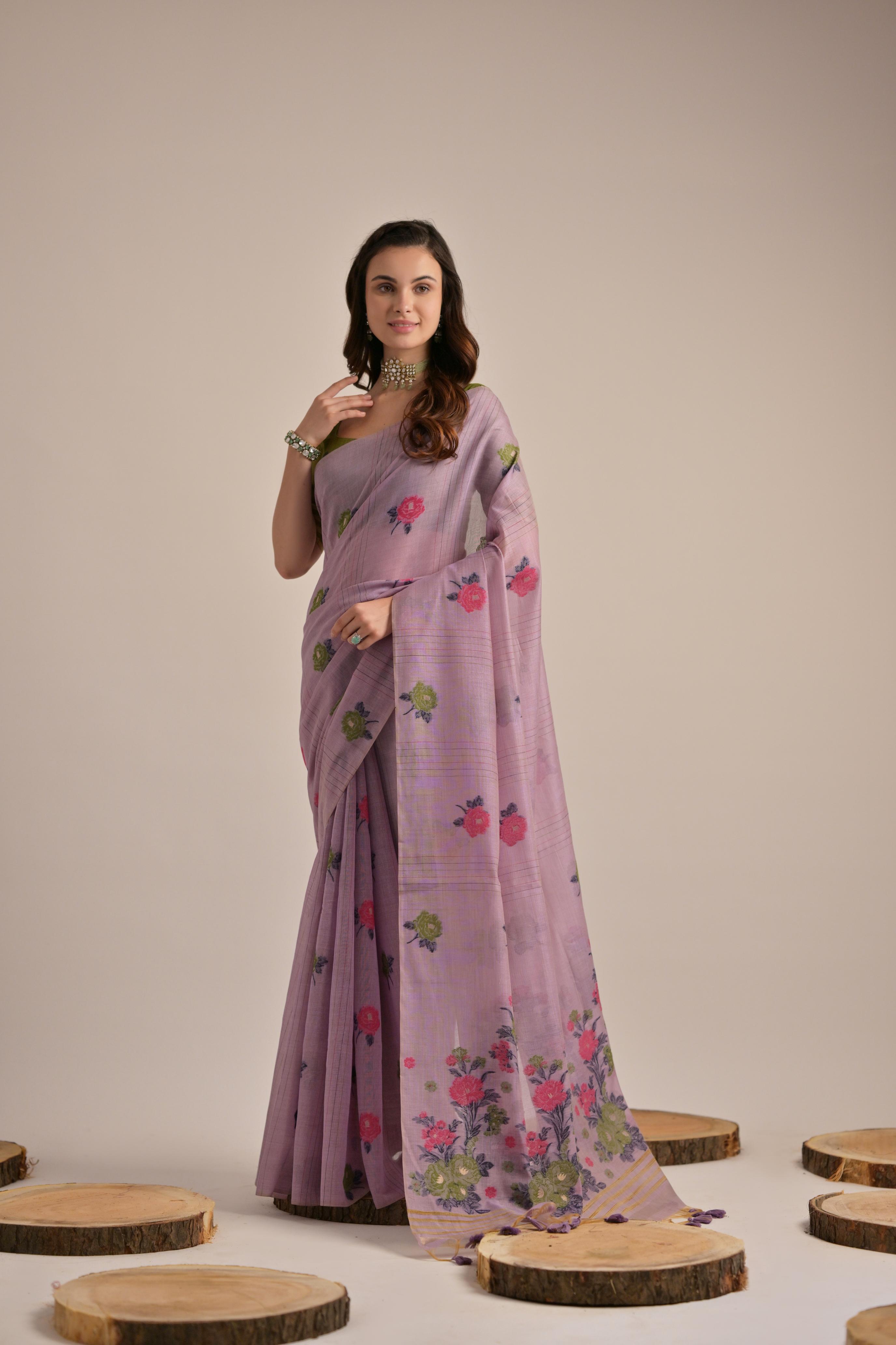 Lavender Pink Muga Cotton Saree With Bottle Green Blouse