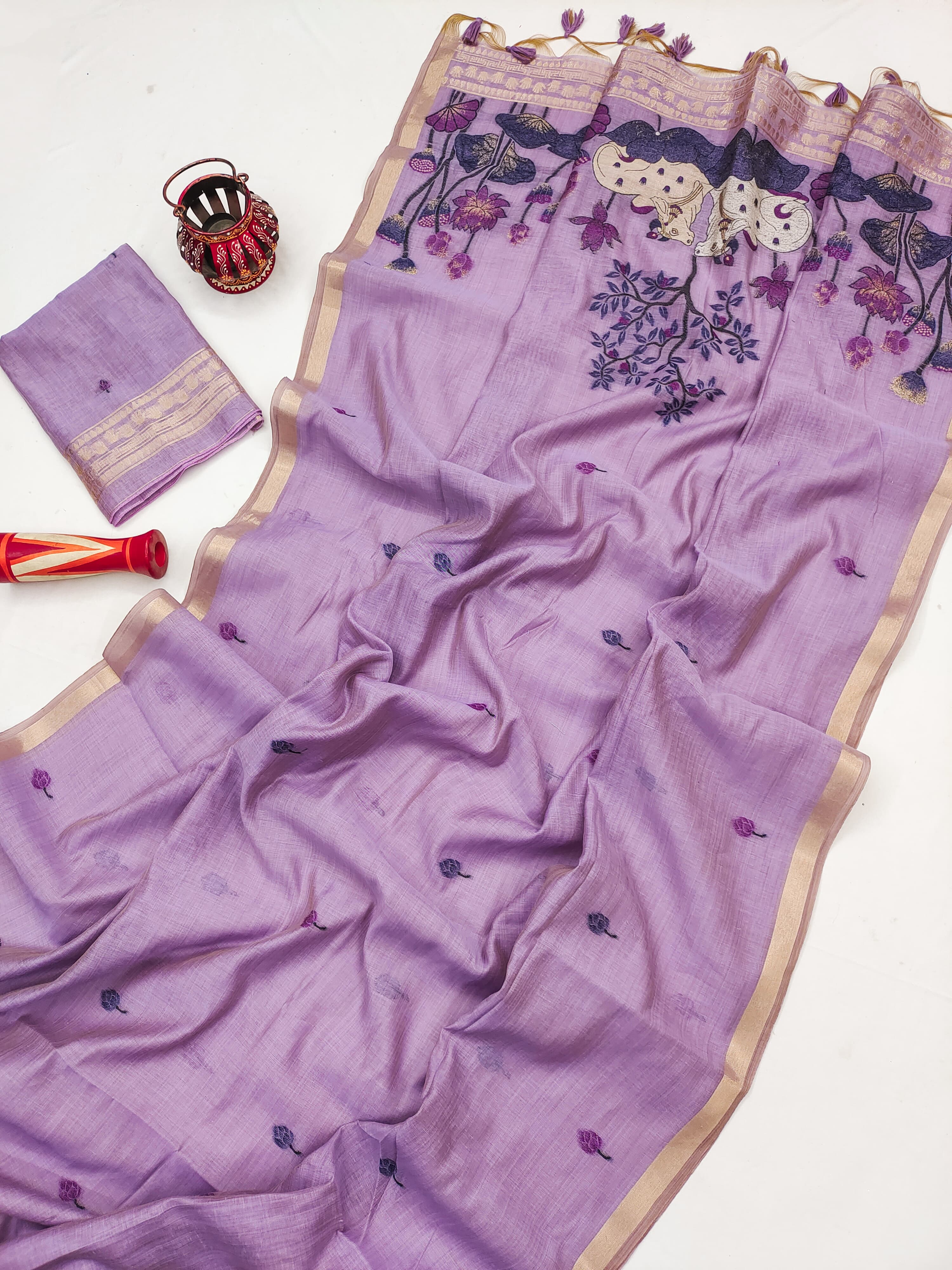 Muga Cotton Saree With Designer Pichwai Pallu - LAVENDER