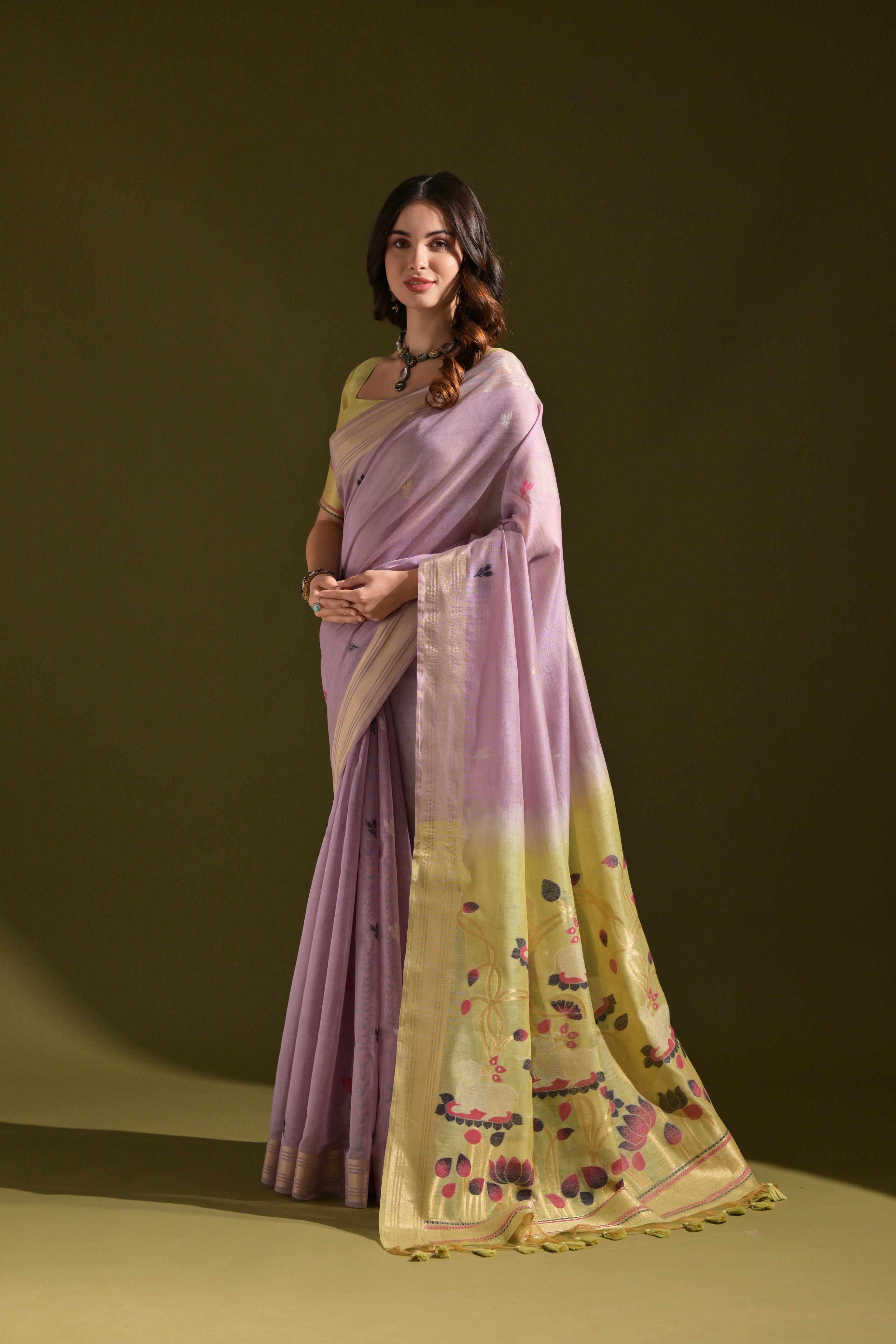 Muga Cotton Saree With Pichwai Pallu - LAVENDER