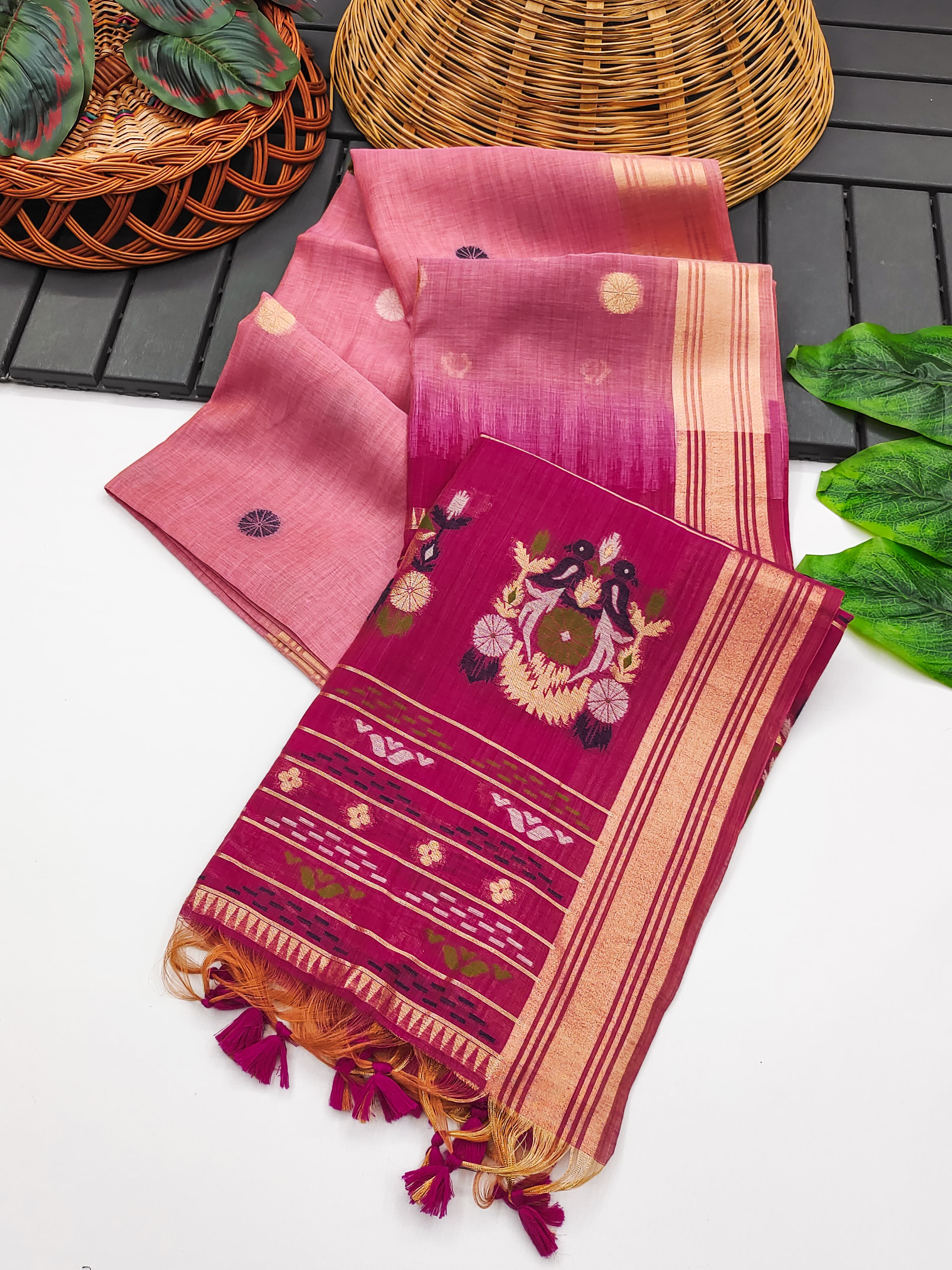 Muga Cotton Saree With Floral Design - PINK