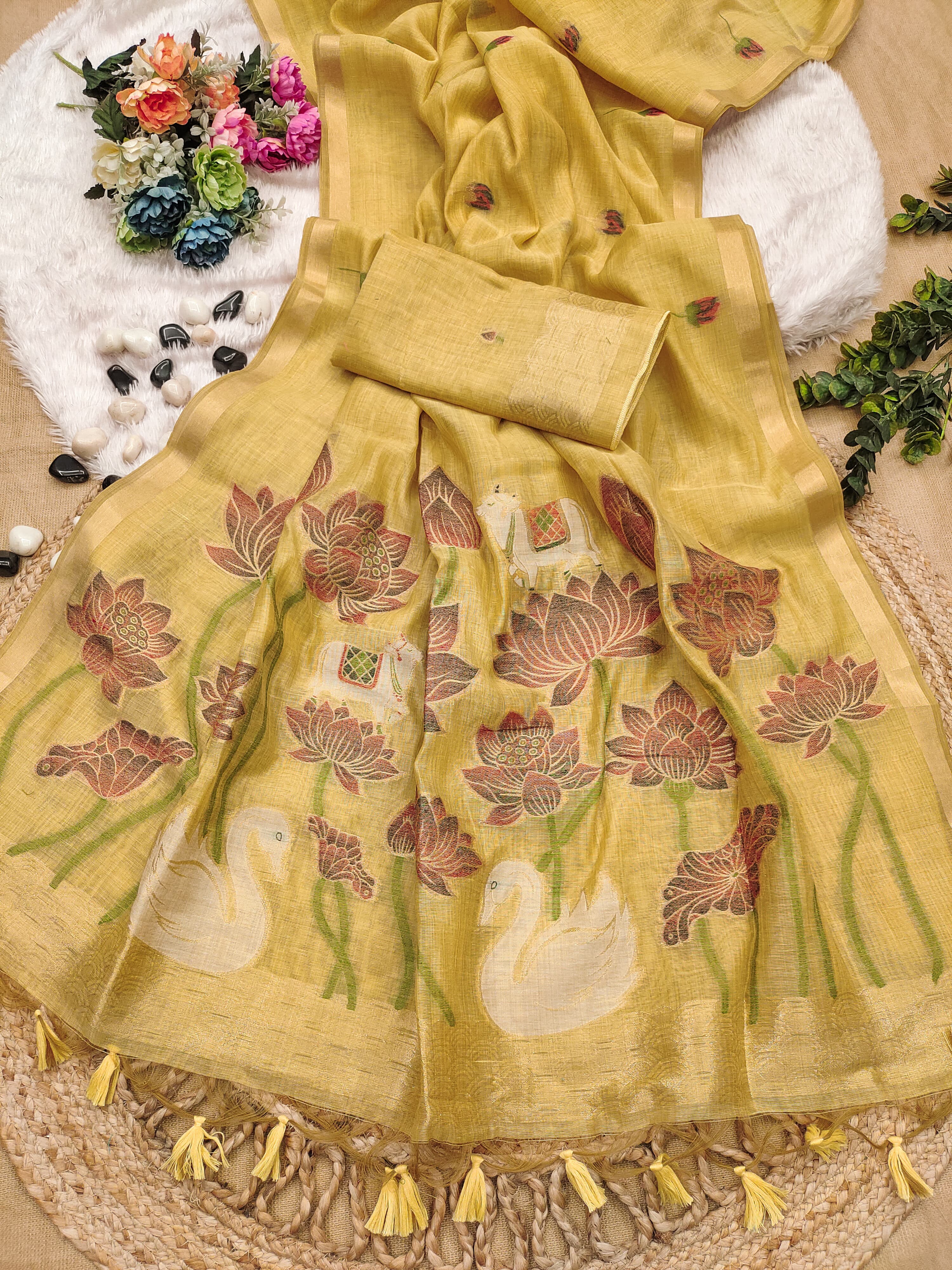 Muga Cotton Saree With Hans Lotus Design - Yellow