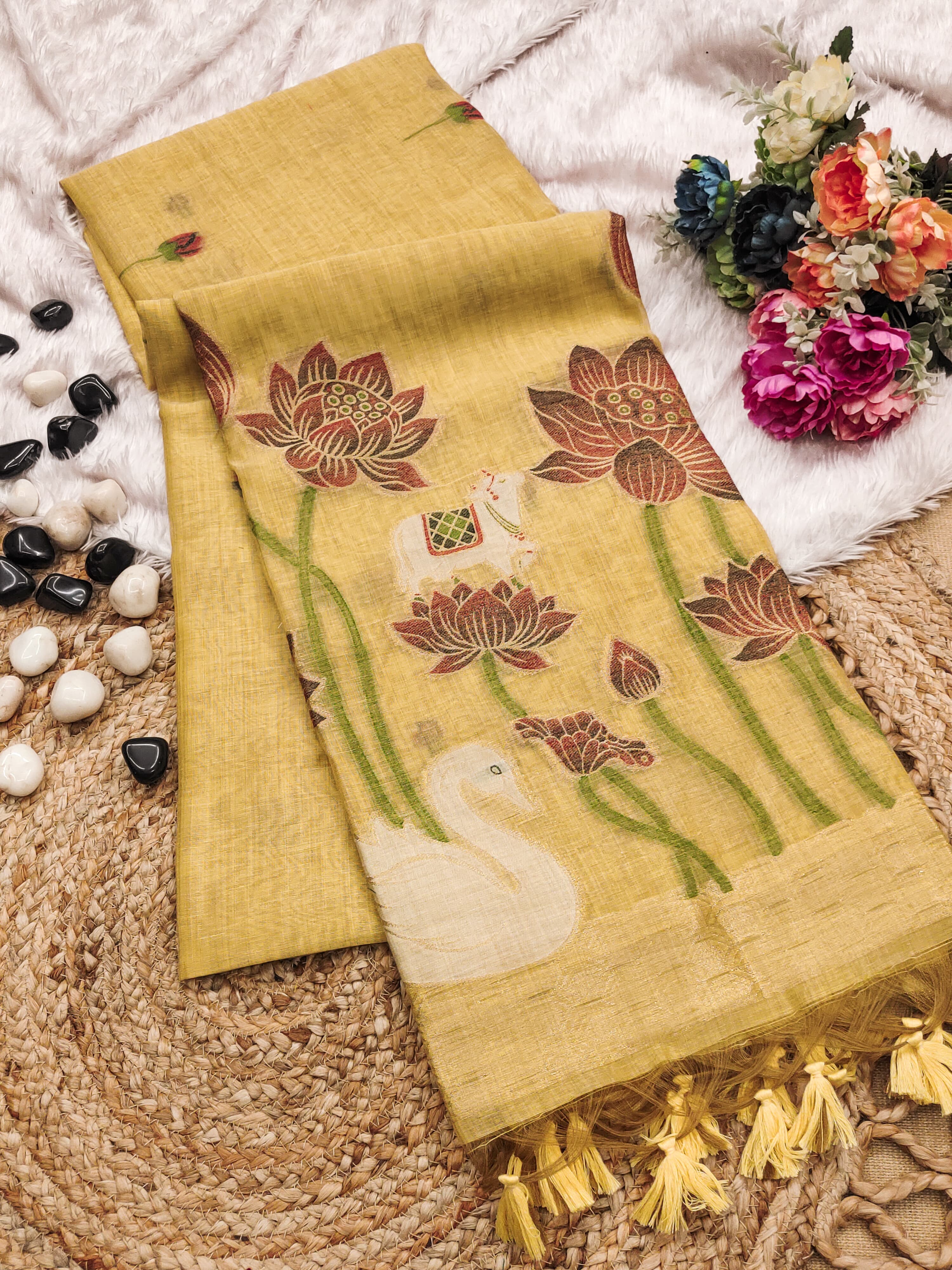 Muga Cotton Saree With Hans Lotus Design - Yellow