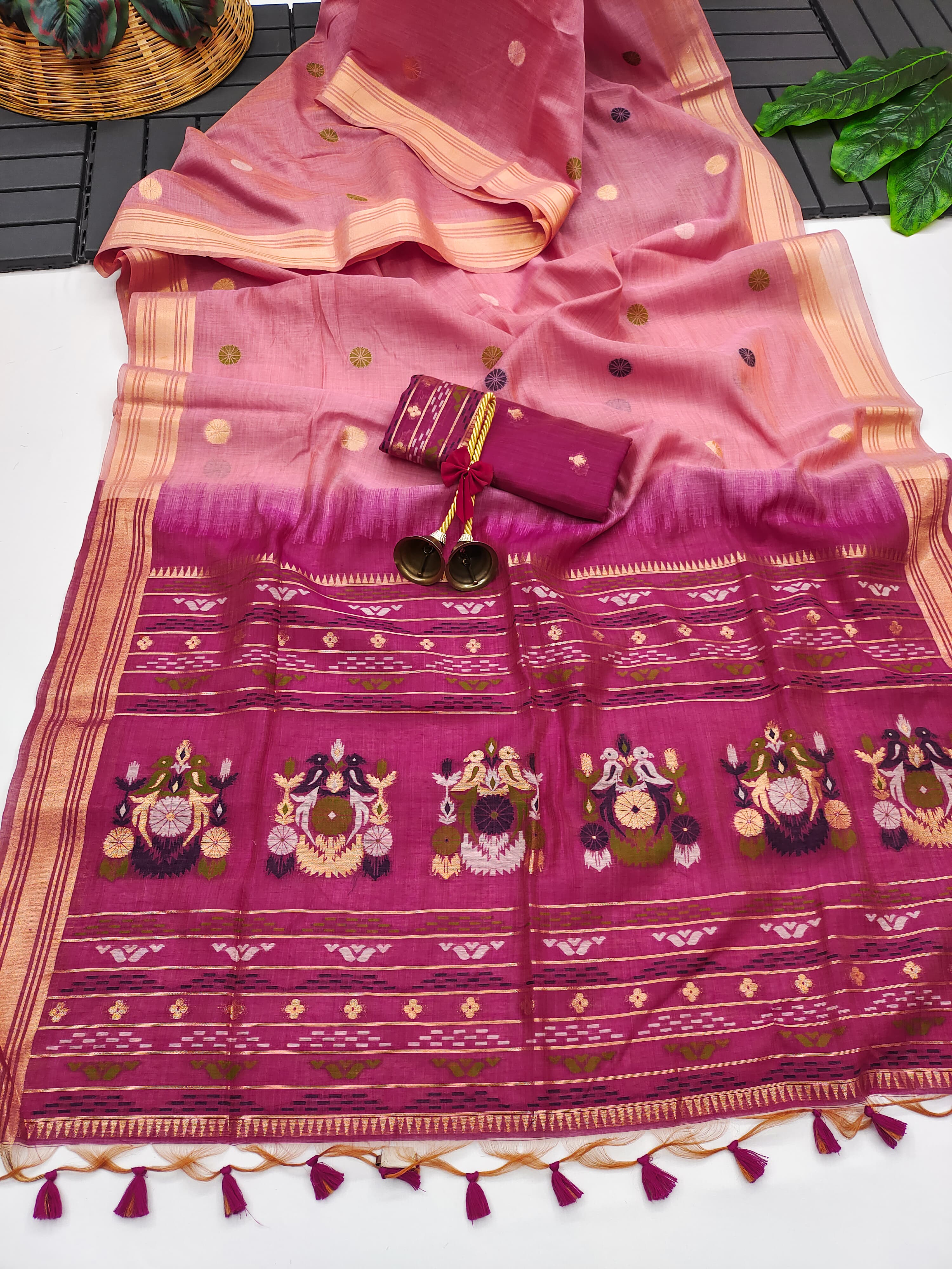 Muga Cotton Saree With Floral Design - PINK