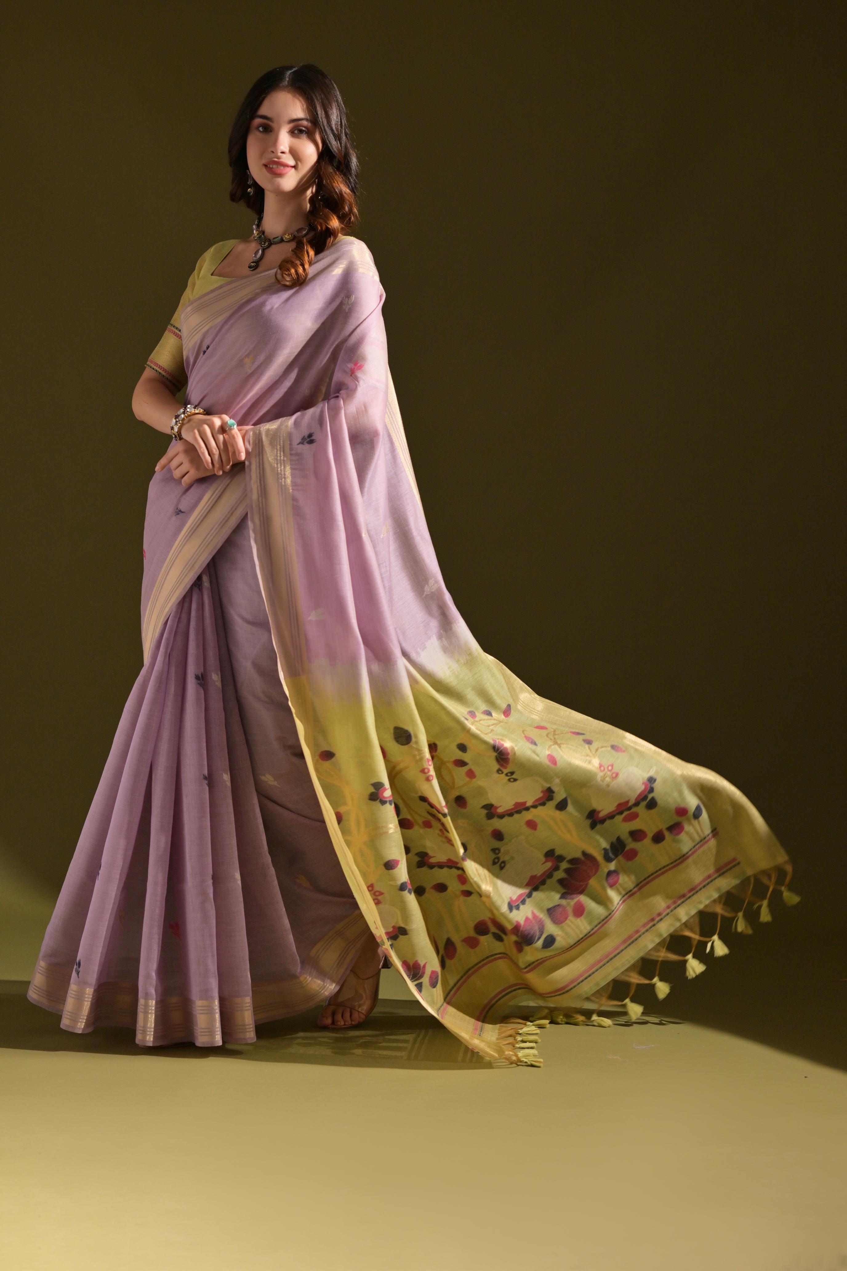 Muga Cotton Saree With Pichwai Pallu - LAVENDER