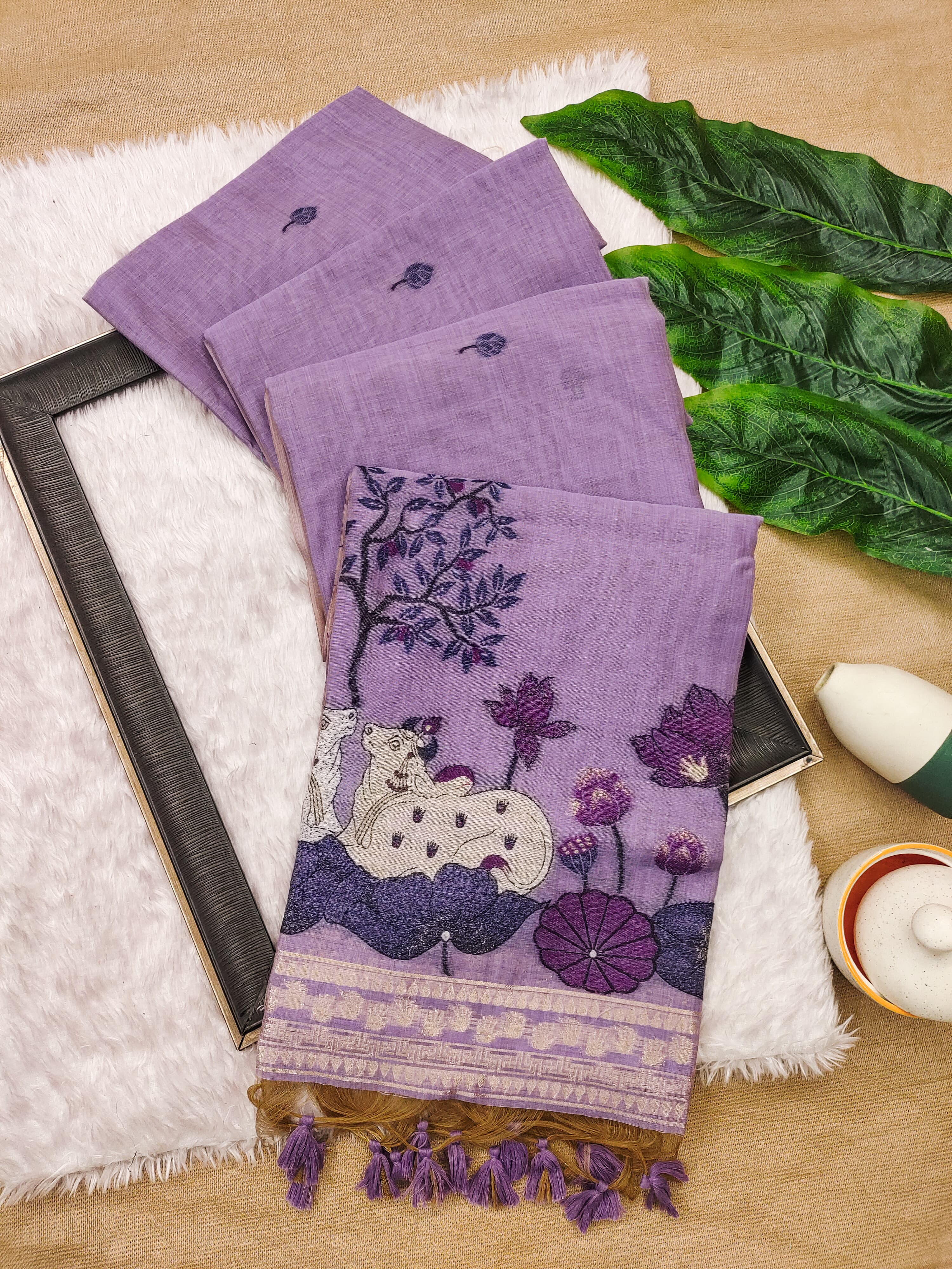 Muga Cotton Saree With Designer Pichwai Pallu - LAVENDER