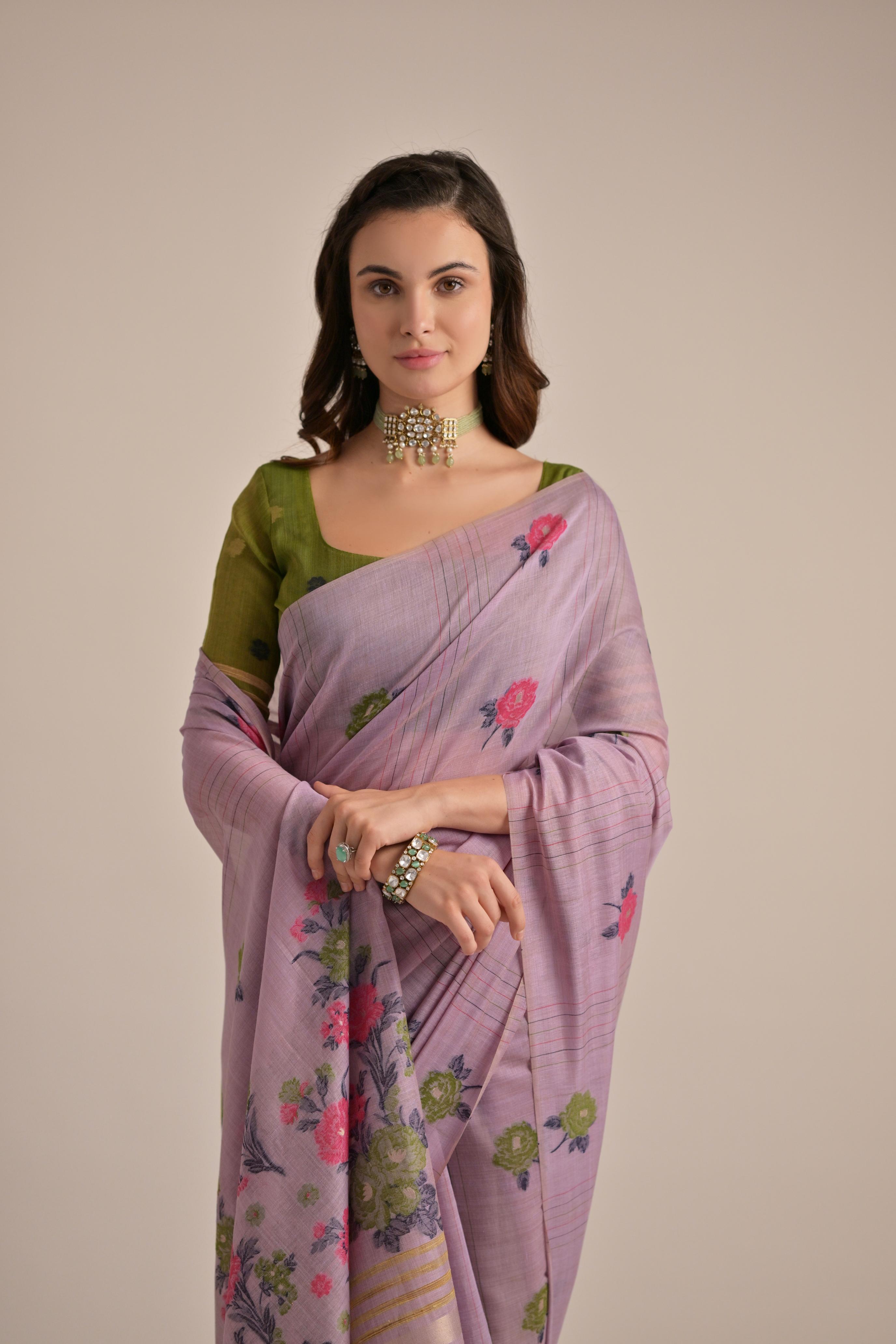Lavender Pink Muga Cotton Saree With Bottle Green Blouse