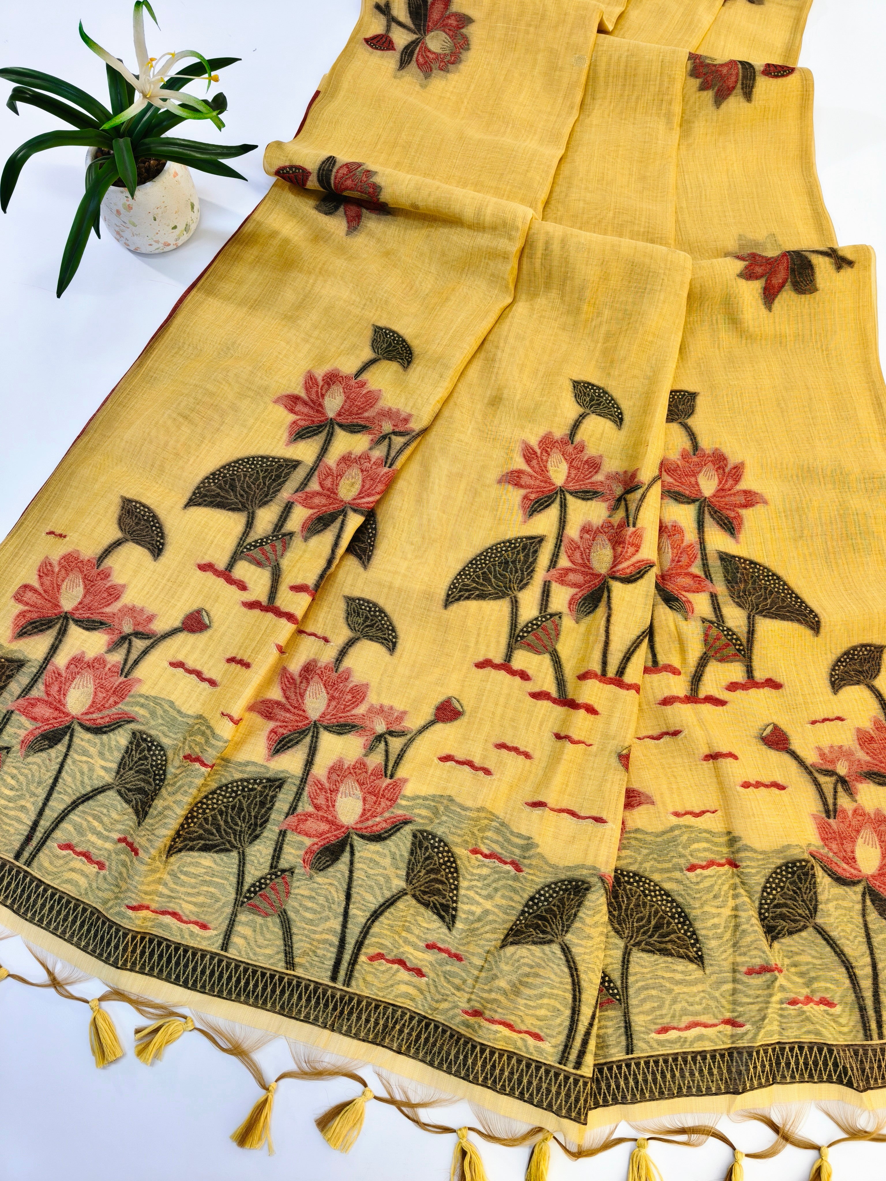 Muga Cotton Saree With Classic Pichwai Pattern - YELLOW