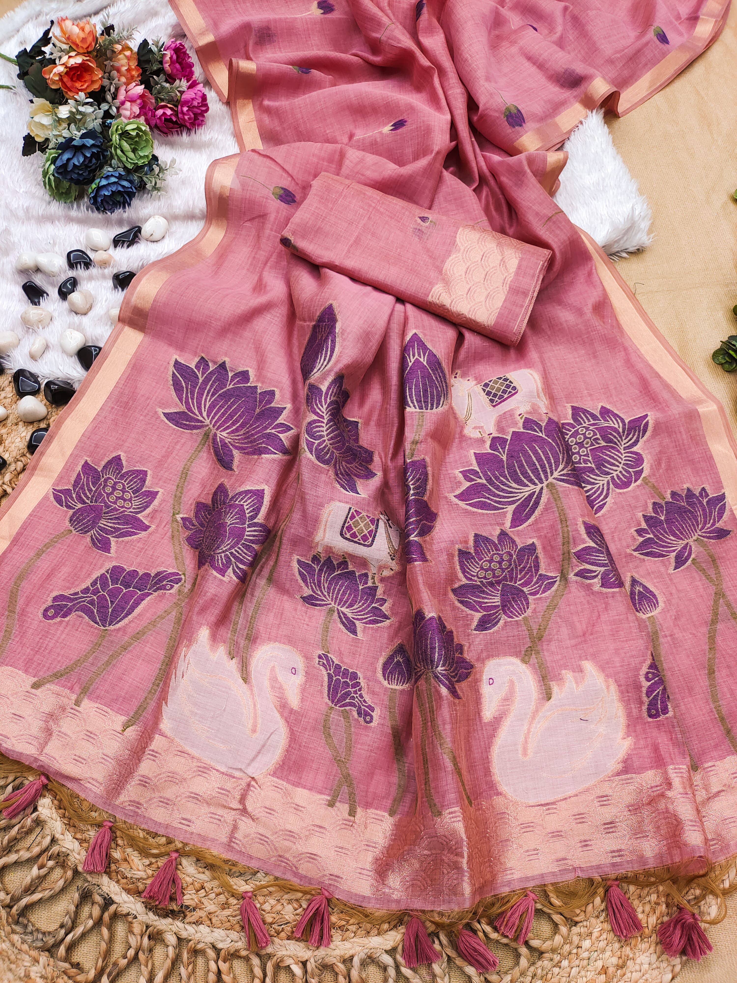 Muga Cotton Saree With Hans Lotus Design - Pink