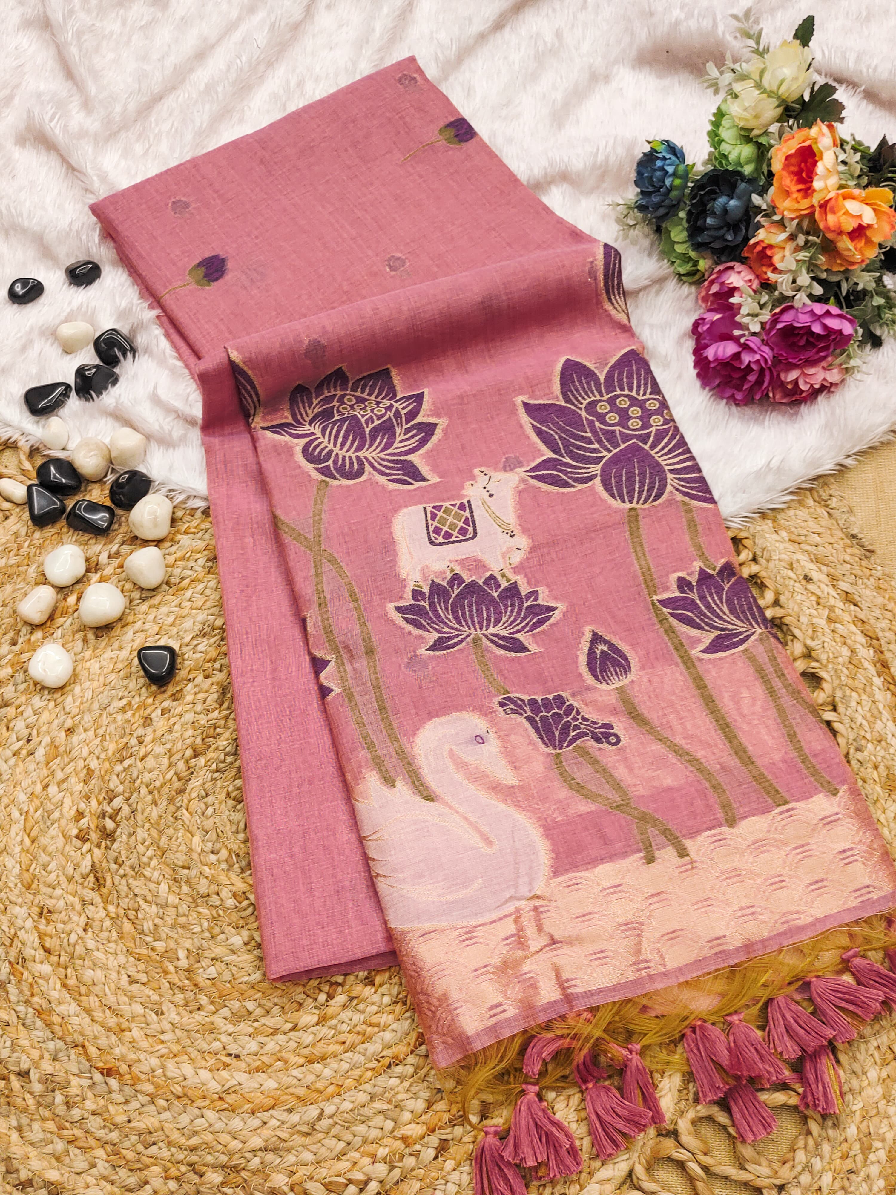 Muga Cotton Saree With Hans Lotus Design - Pink