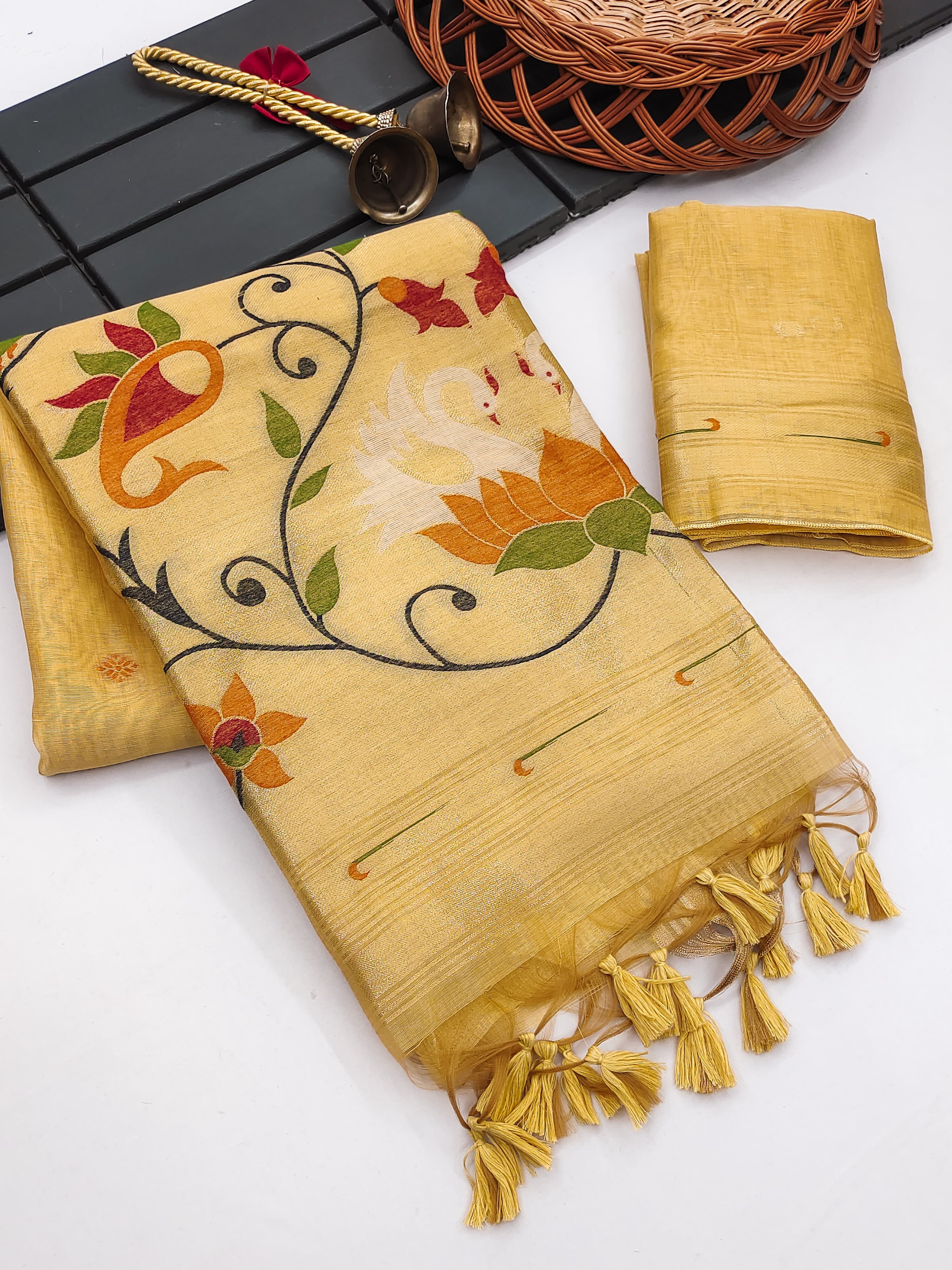 Muga Cotton Saree With Paithani Kalamkari  Pallu - YELLOW