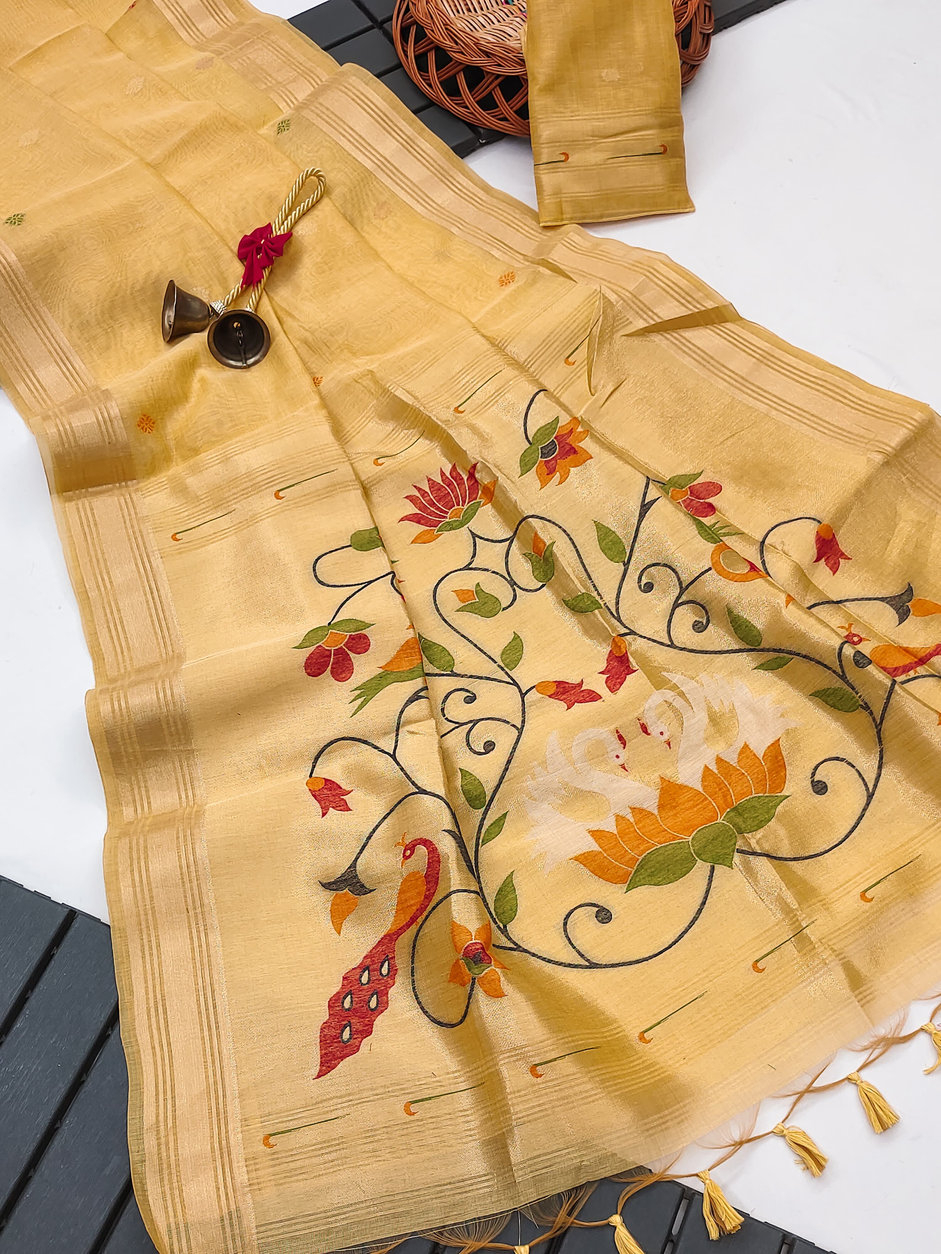 Muga Cotton Saree With Paithani Kalamkari  Pallu - YELLOW
