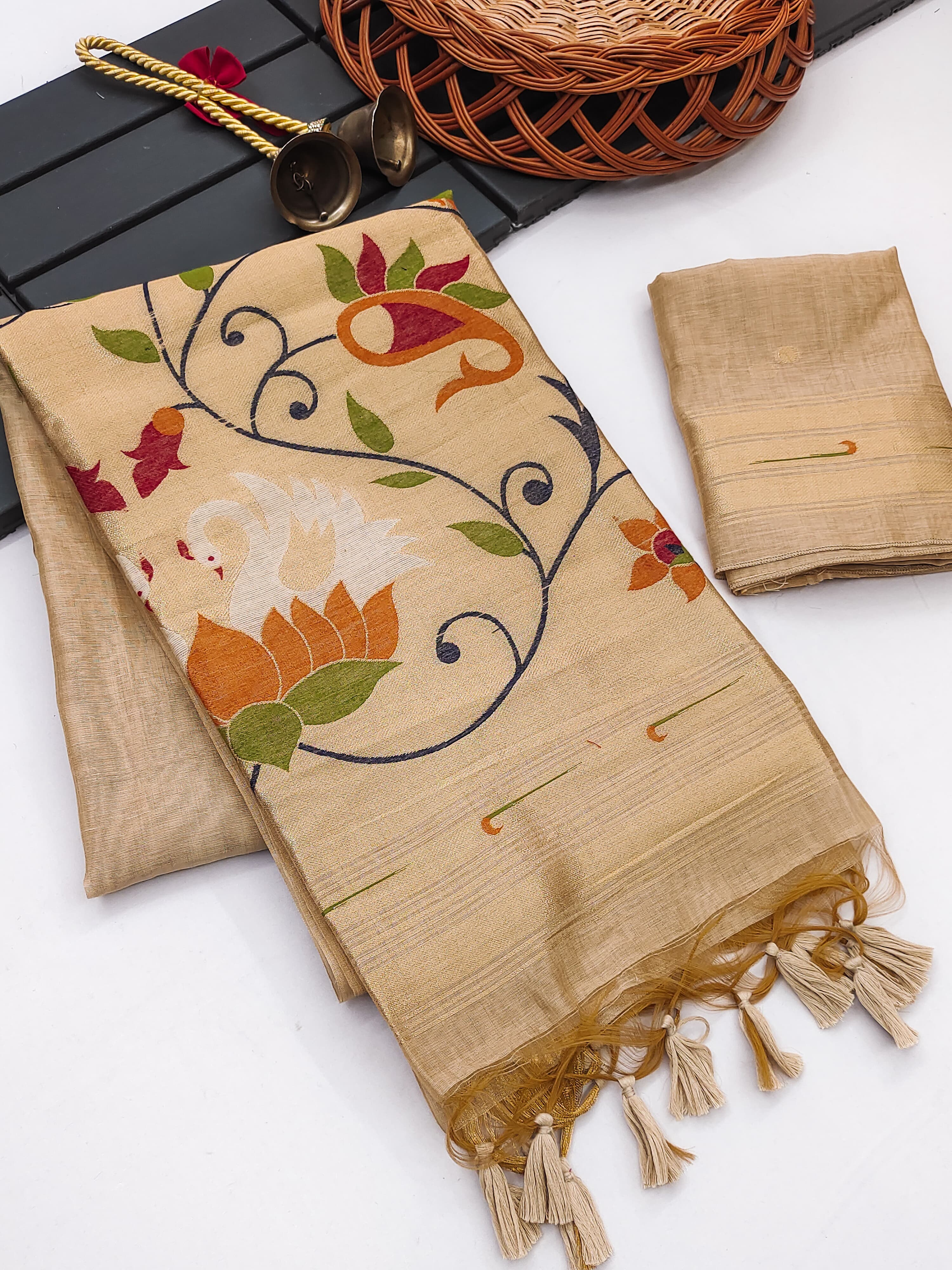 Muga Cotton Saree With Paithani Kalamkari  Pallu - CHIKU