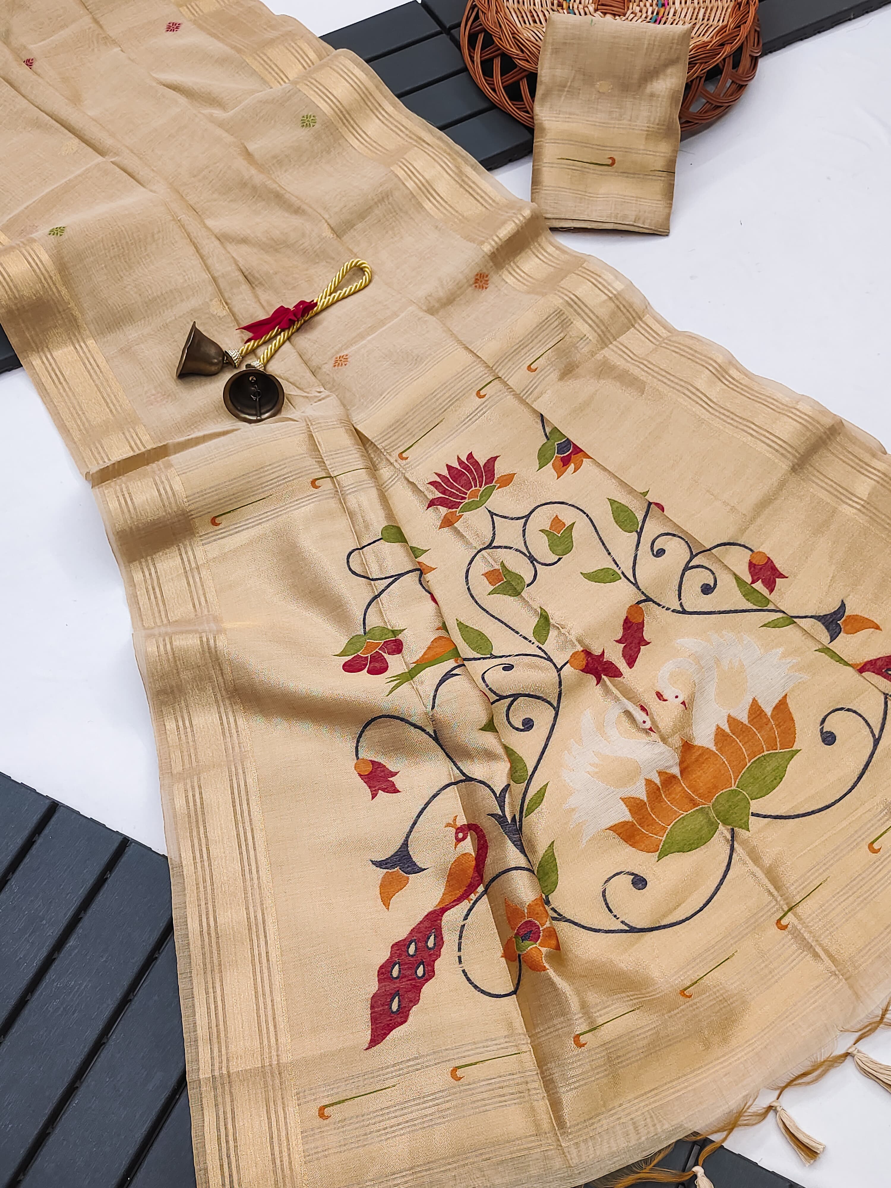 Muga Cotton Saree With Paithani Kalamkari  Pallu - CHIKU