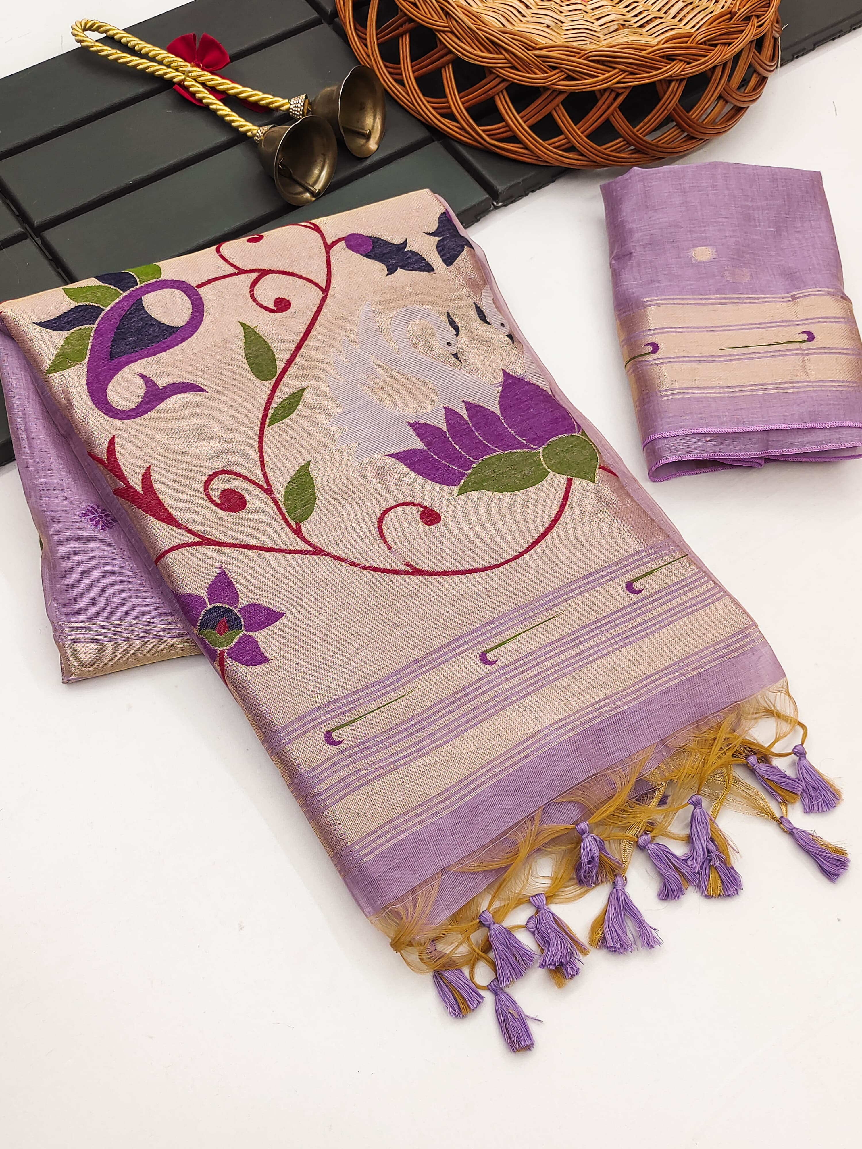 Muga Cotton Saree With Paithani Kalamkari  Pallu - PURPLE