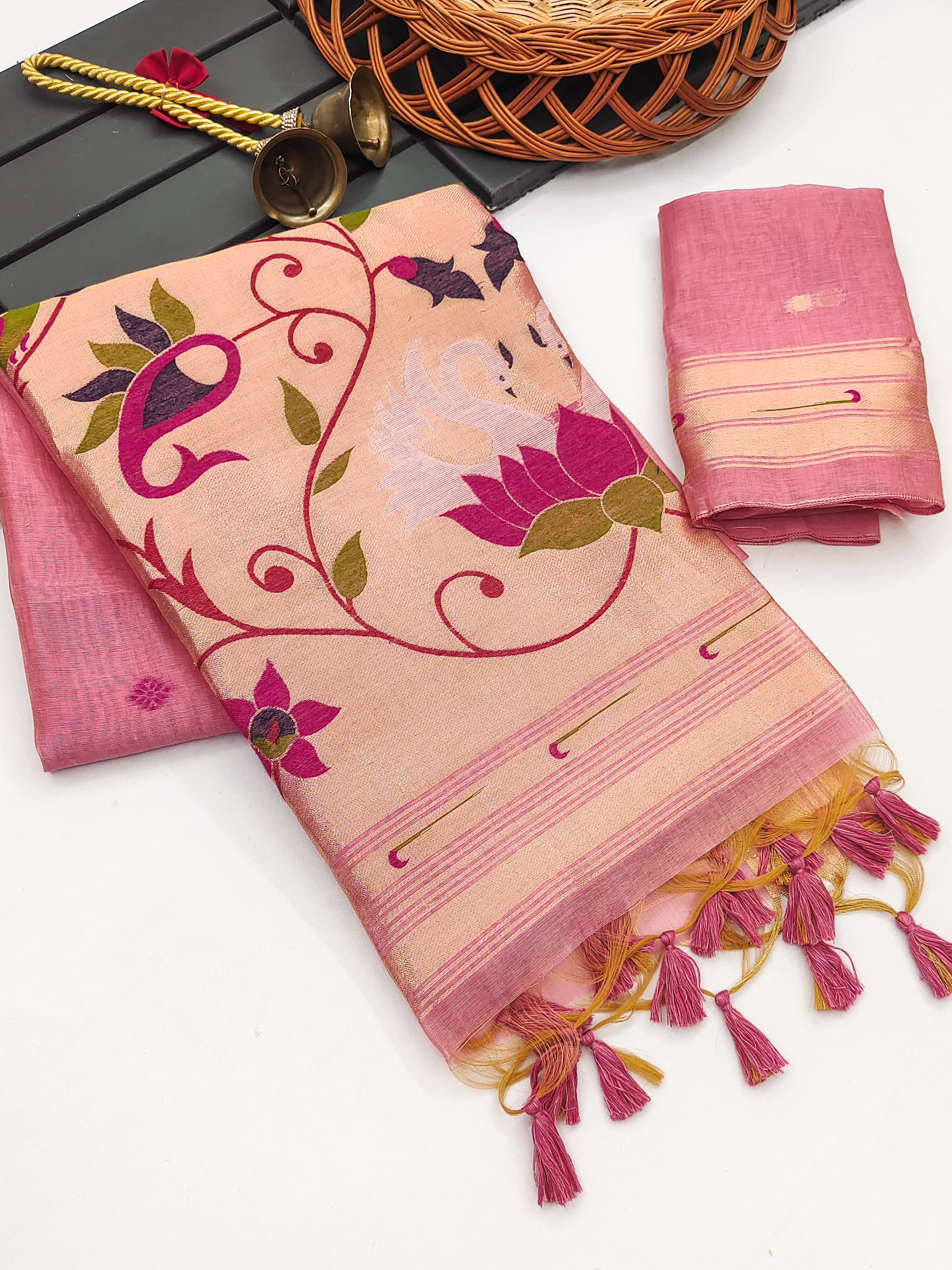 Muga Cotton Saree With Paithani Kalamkari  Pallu - PINK