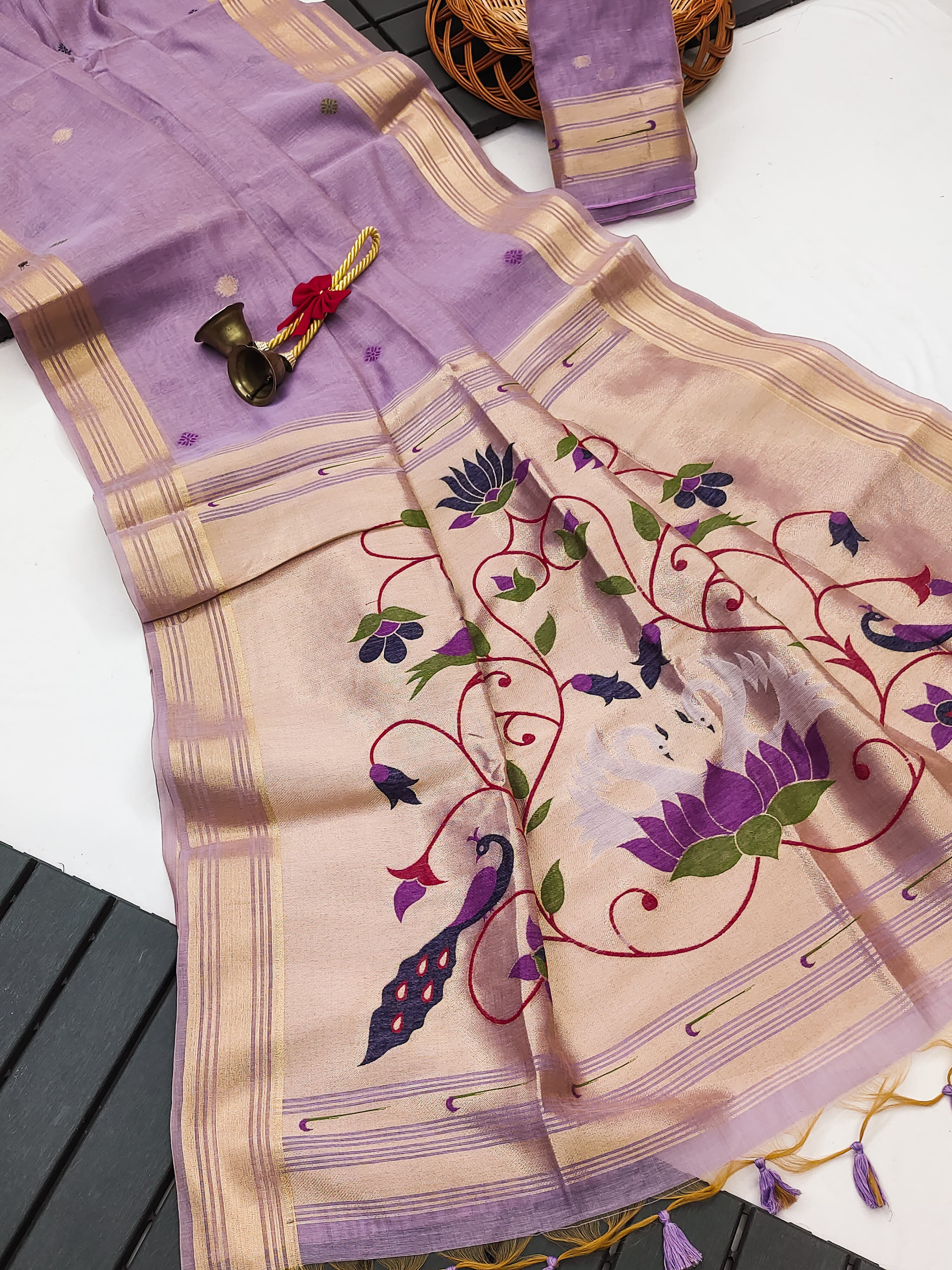 Muga Cotton Saree With Paithani Kalamkari  Pallu - PURPLE