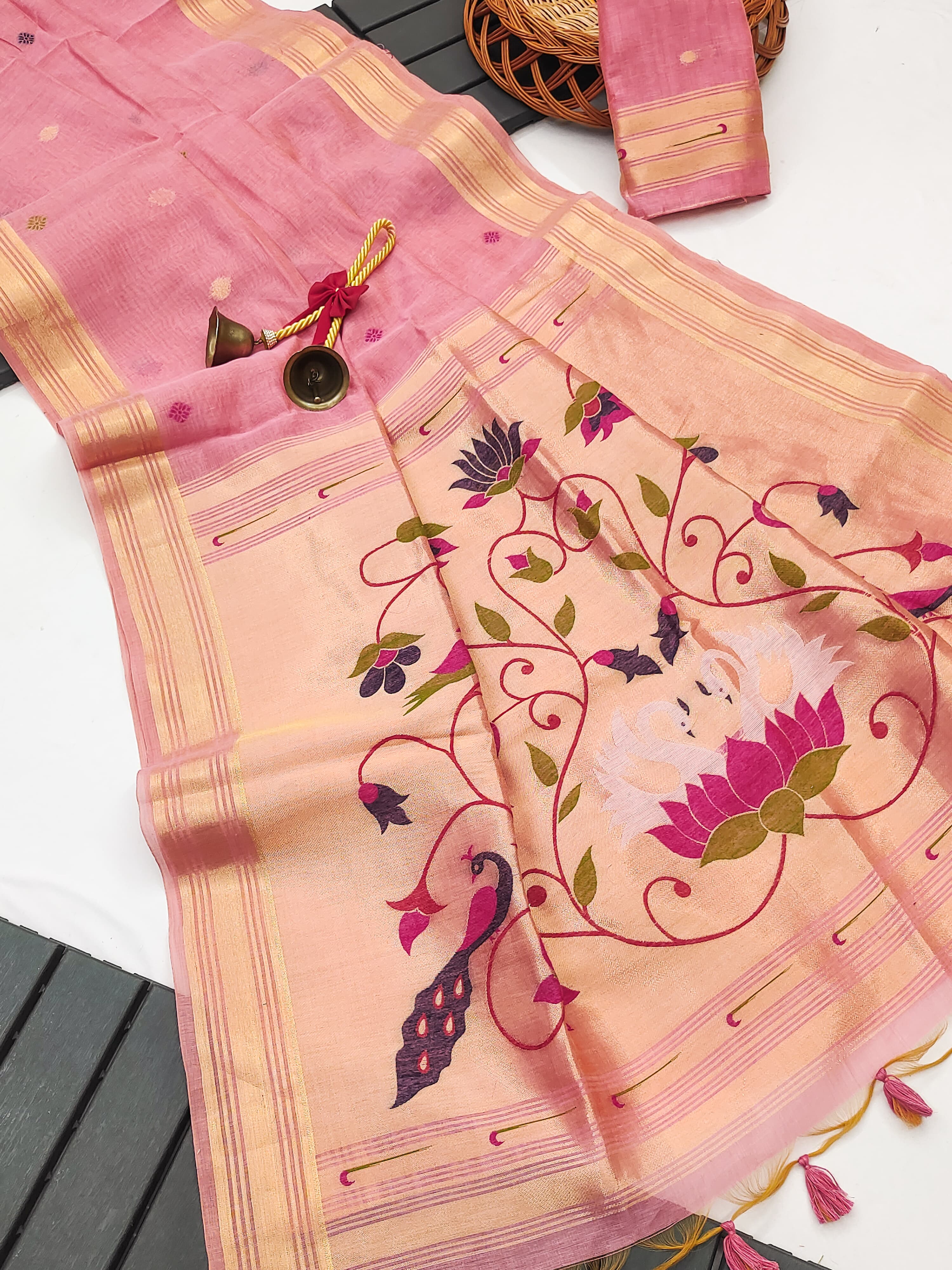 Muga Cotton Saree With Paithani Kalamkari  Pallu - PINK