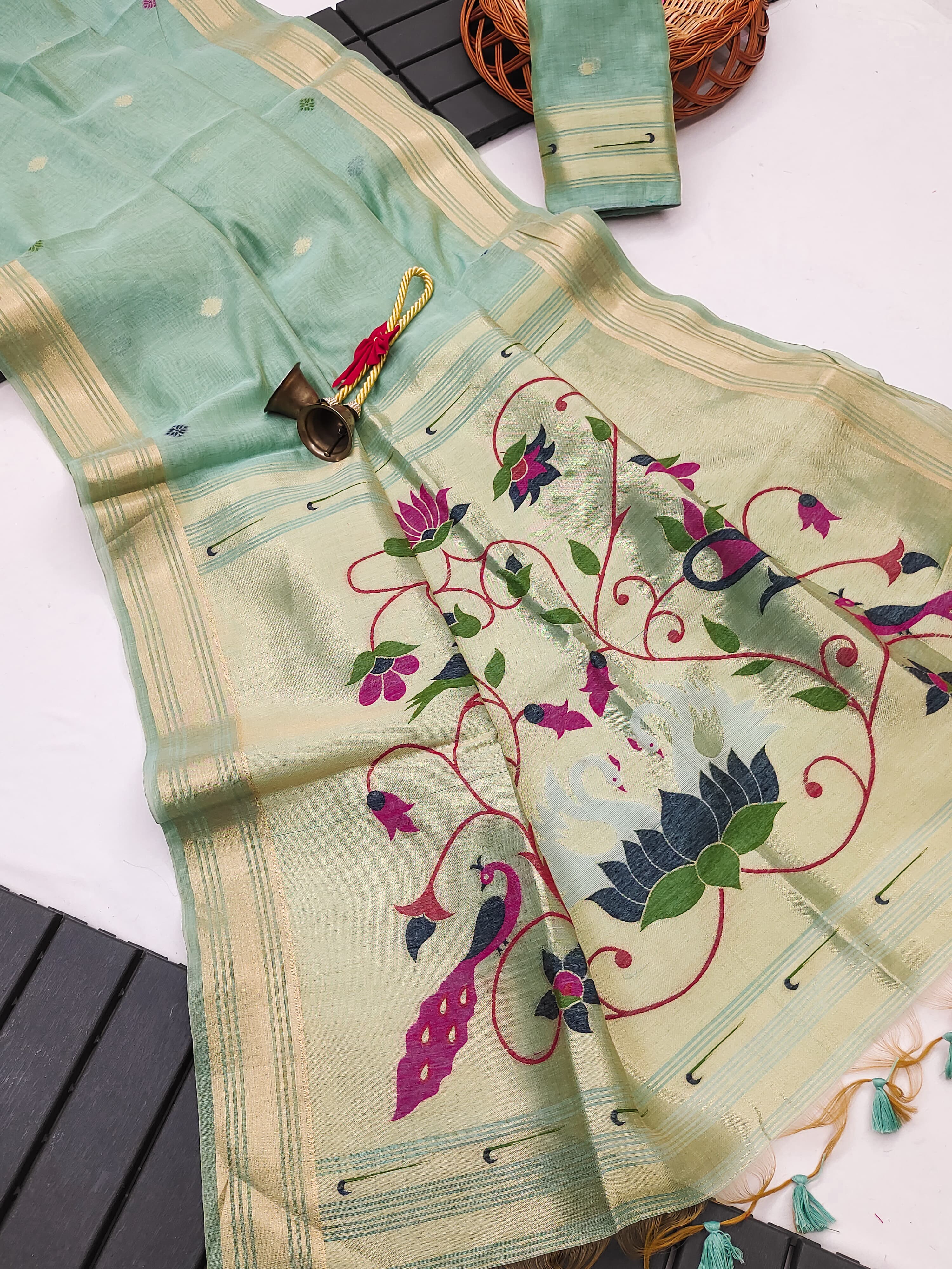 Muga Cotton Saree With Paithani Kalamkari  Pallu - FIROZI