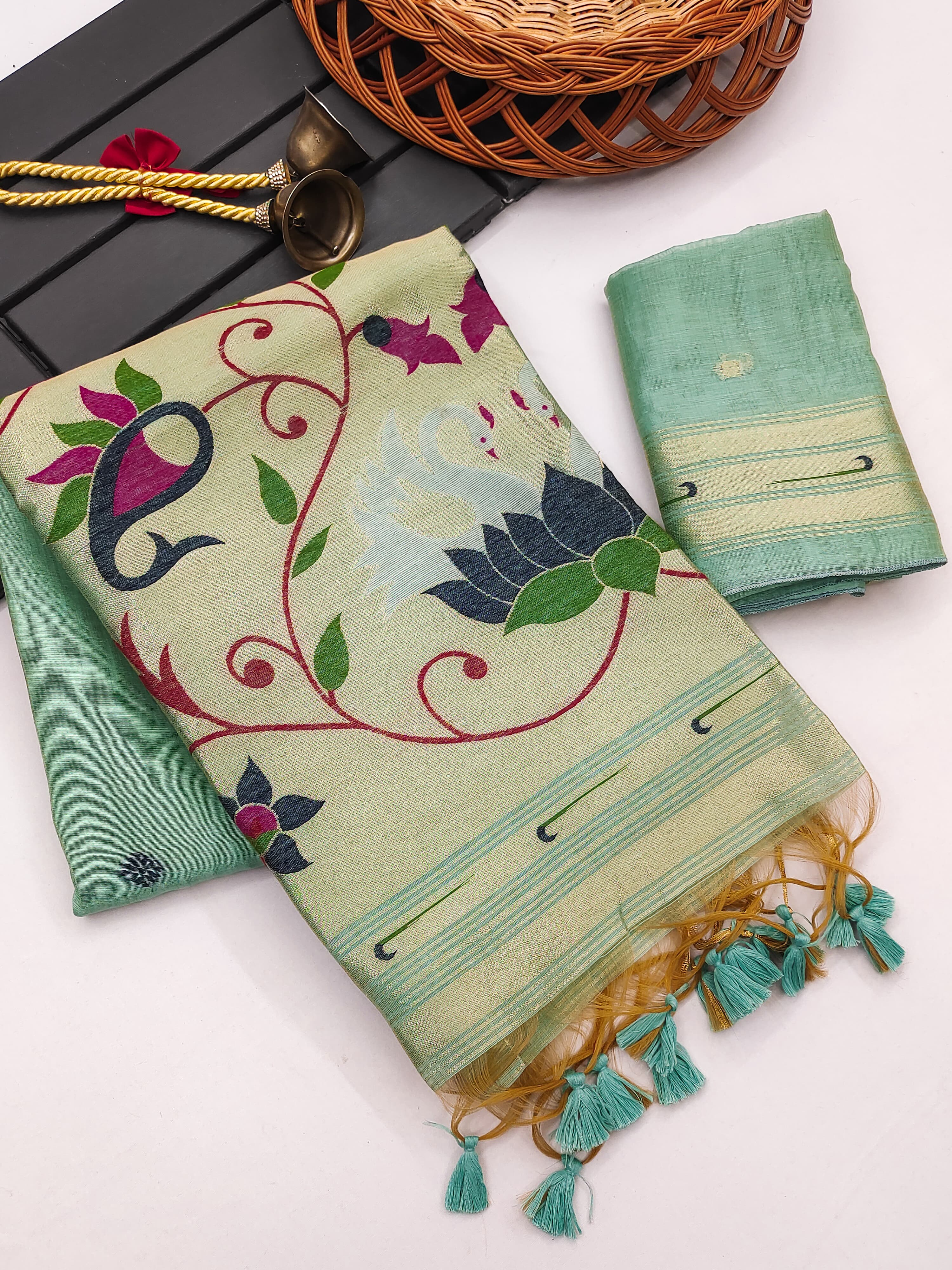 Muga Cotton Saree With Paithani Kalamkari  Pallu - FIROZI