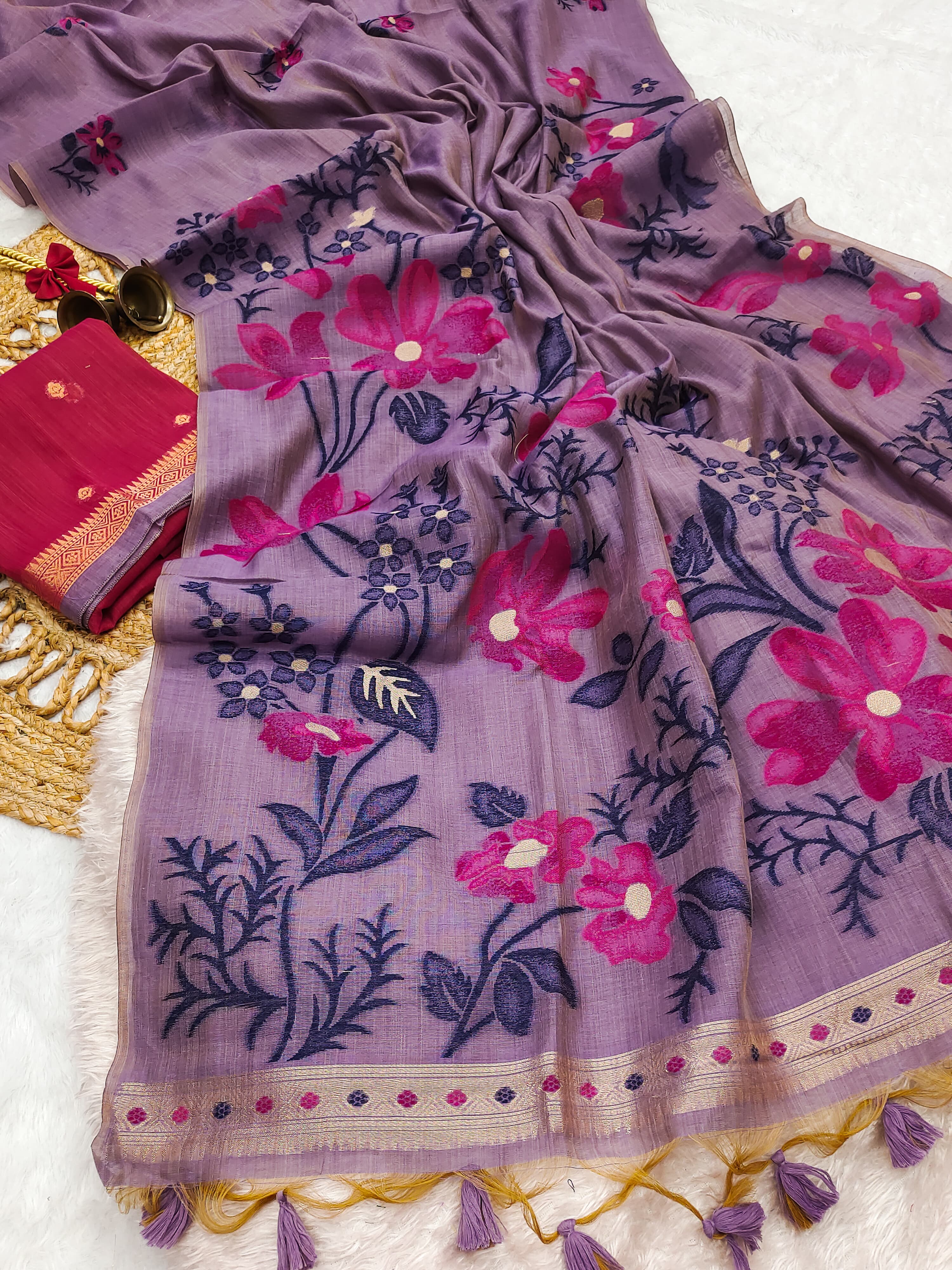 Muga Cotton Saree With Flower Floral Design - LAVENDER