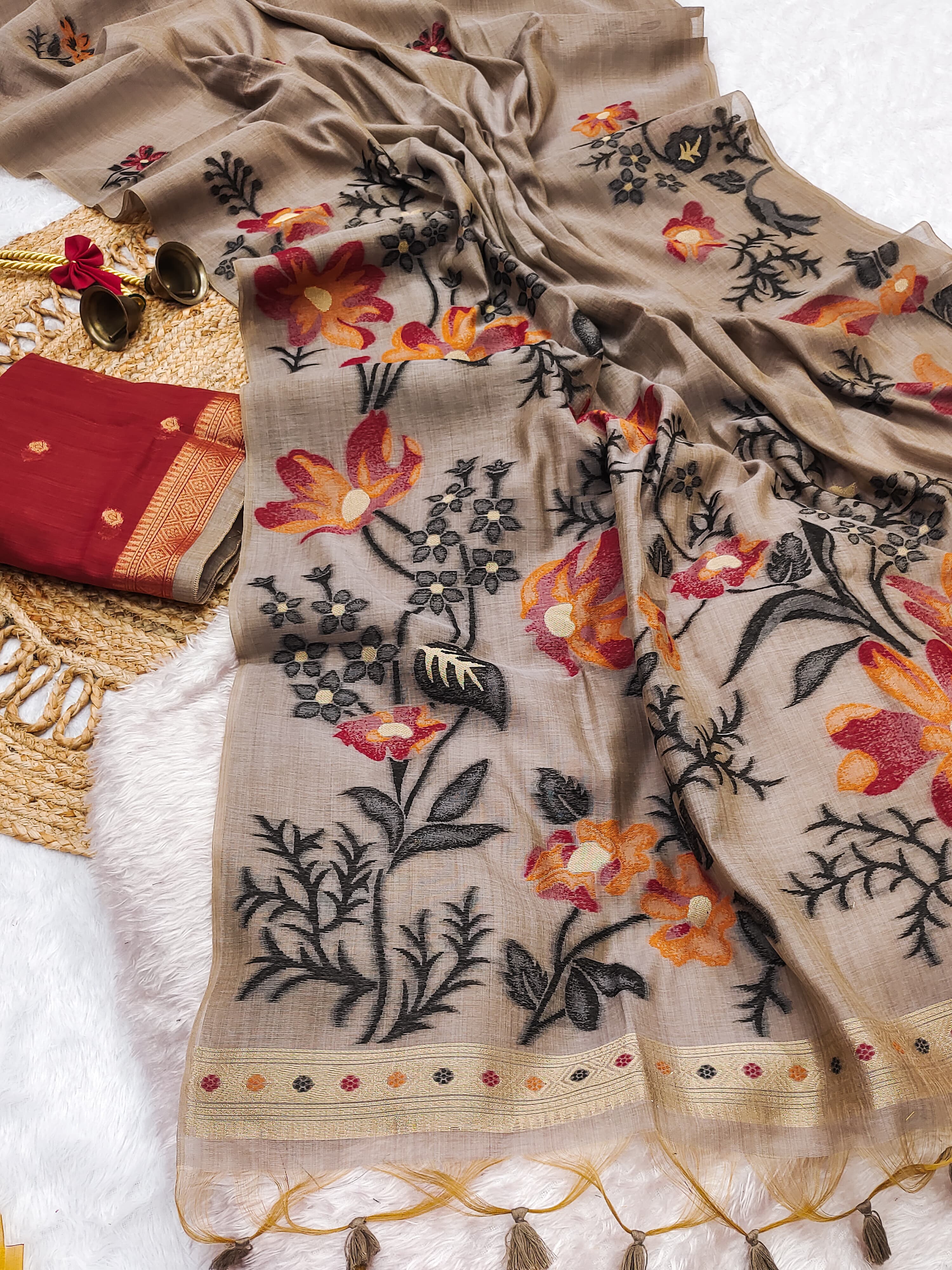 Muga Cotton Saree With Flower Floral Design - CHIKU