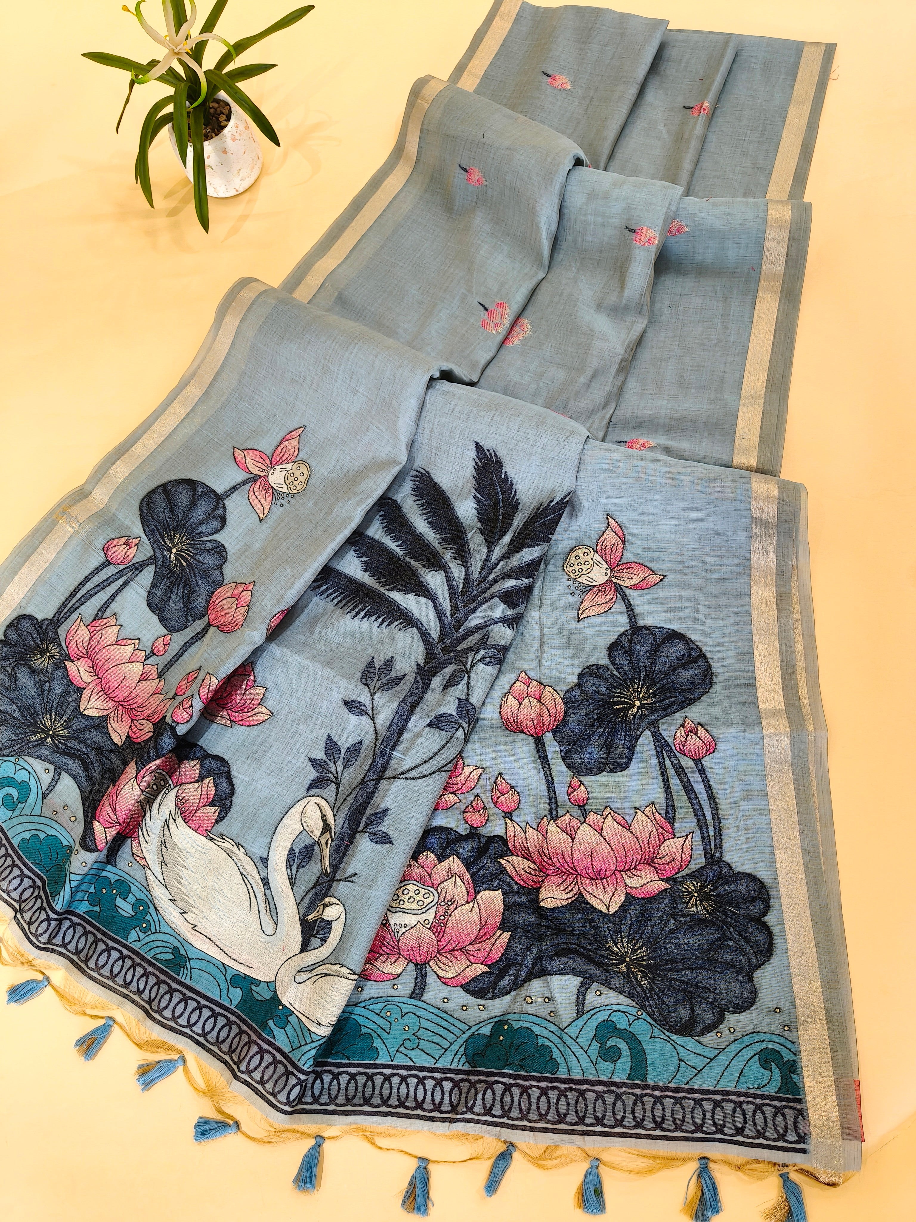 Muga Cotton Saree With Lotus Design Pallu - BLUE