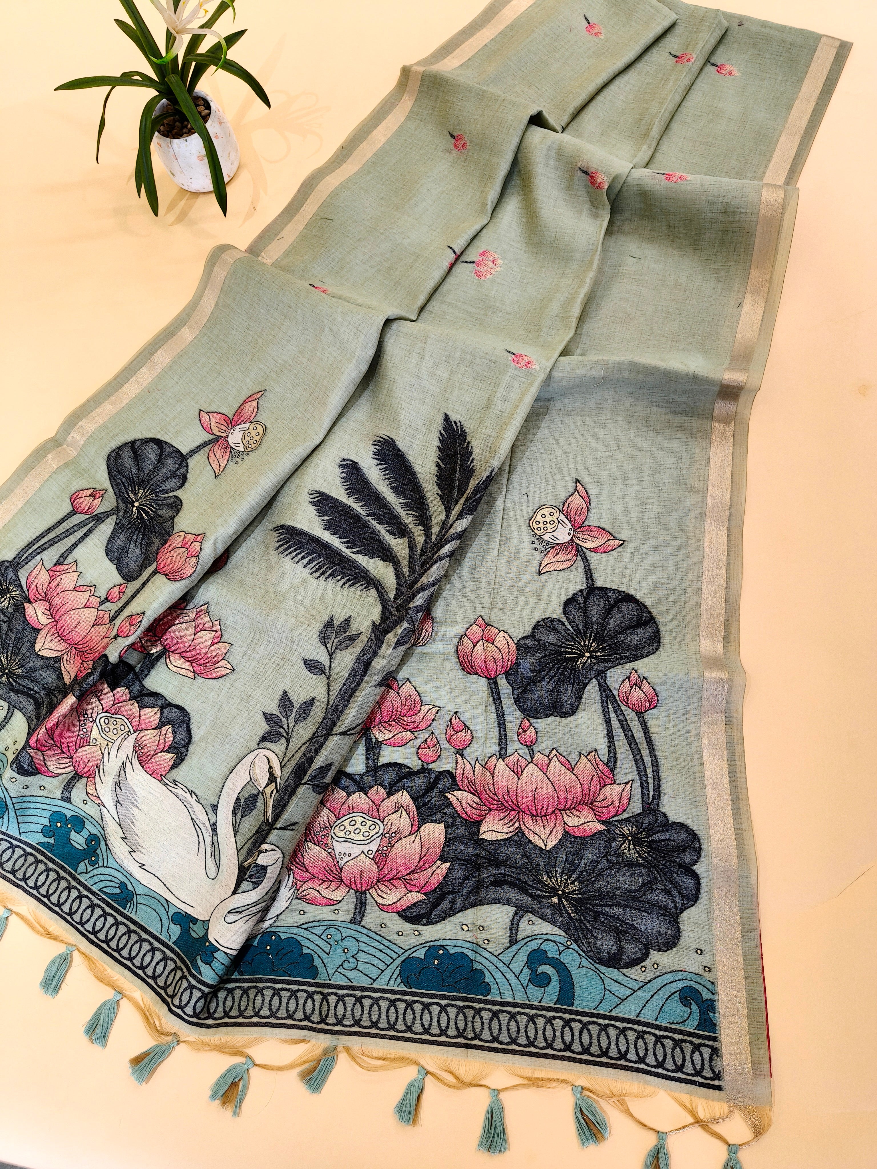 Muga Cotton Saree With Lotus Design Pallu - PISTA