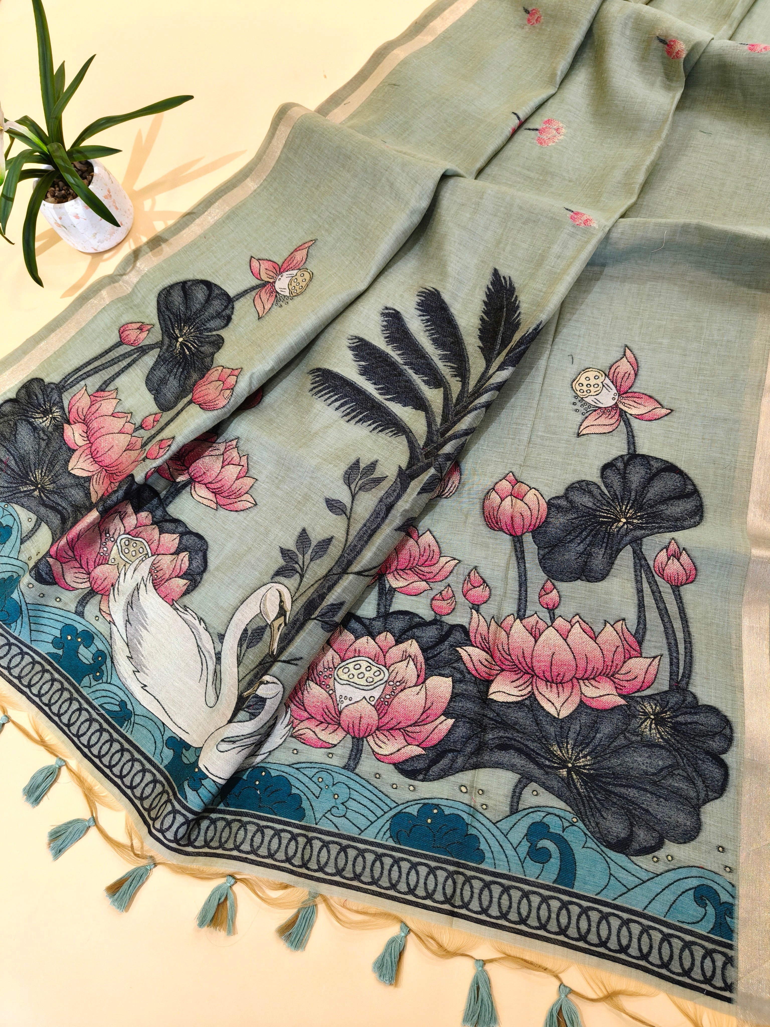 Muga Cotton Saree With Lotus Design Pallu - PISTA