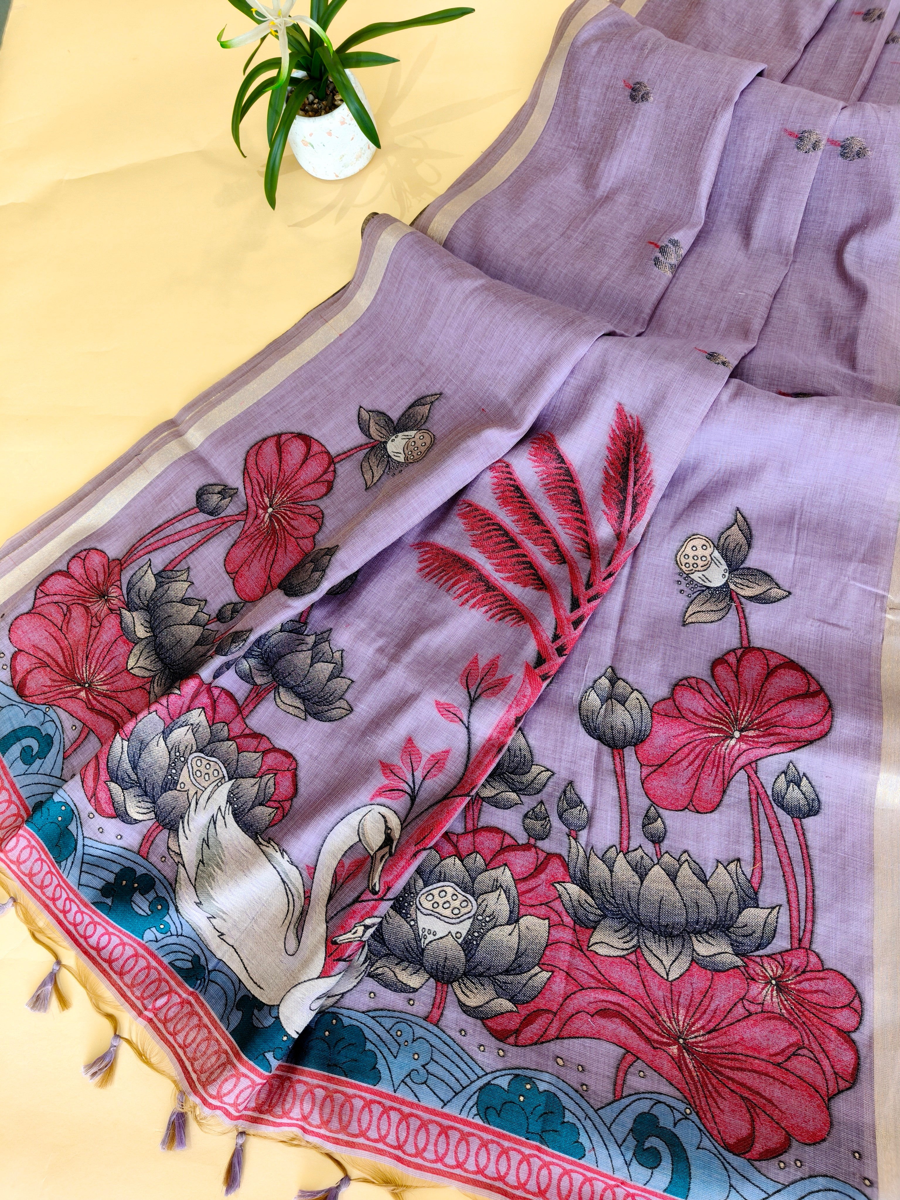 Muga Cotton Saree With Lotus Design Pallu - LAVENDER