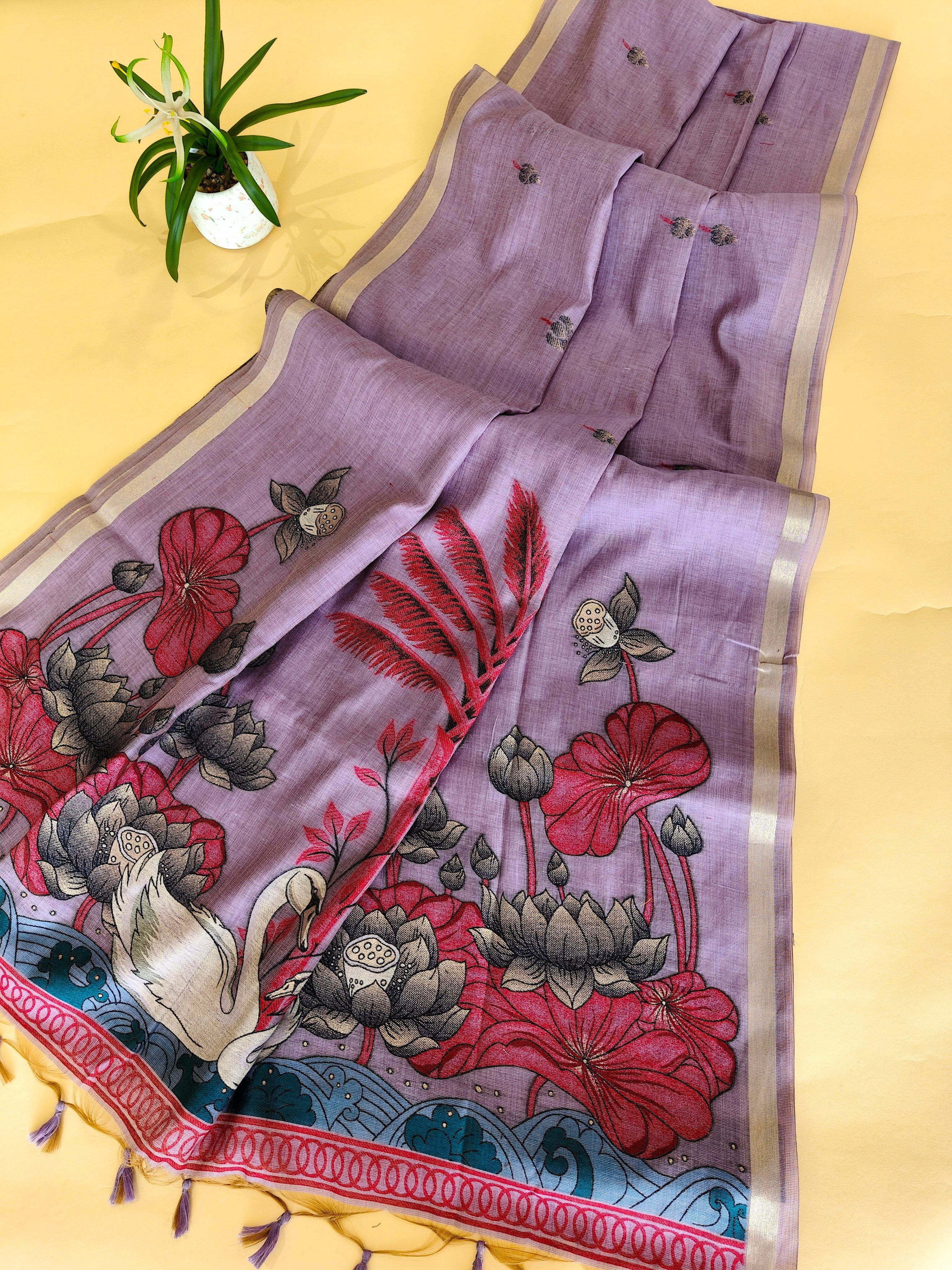 Muga Cotton Saree With Lotus Design Pallu - LAVENDER