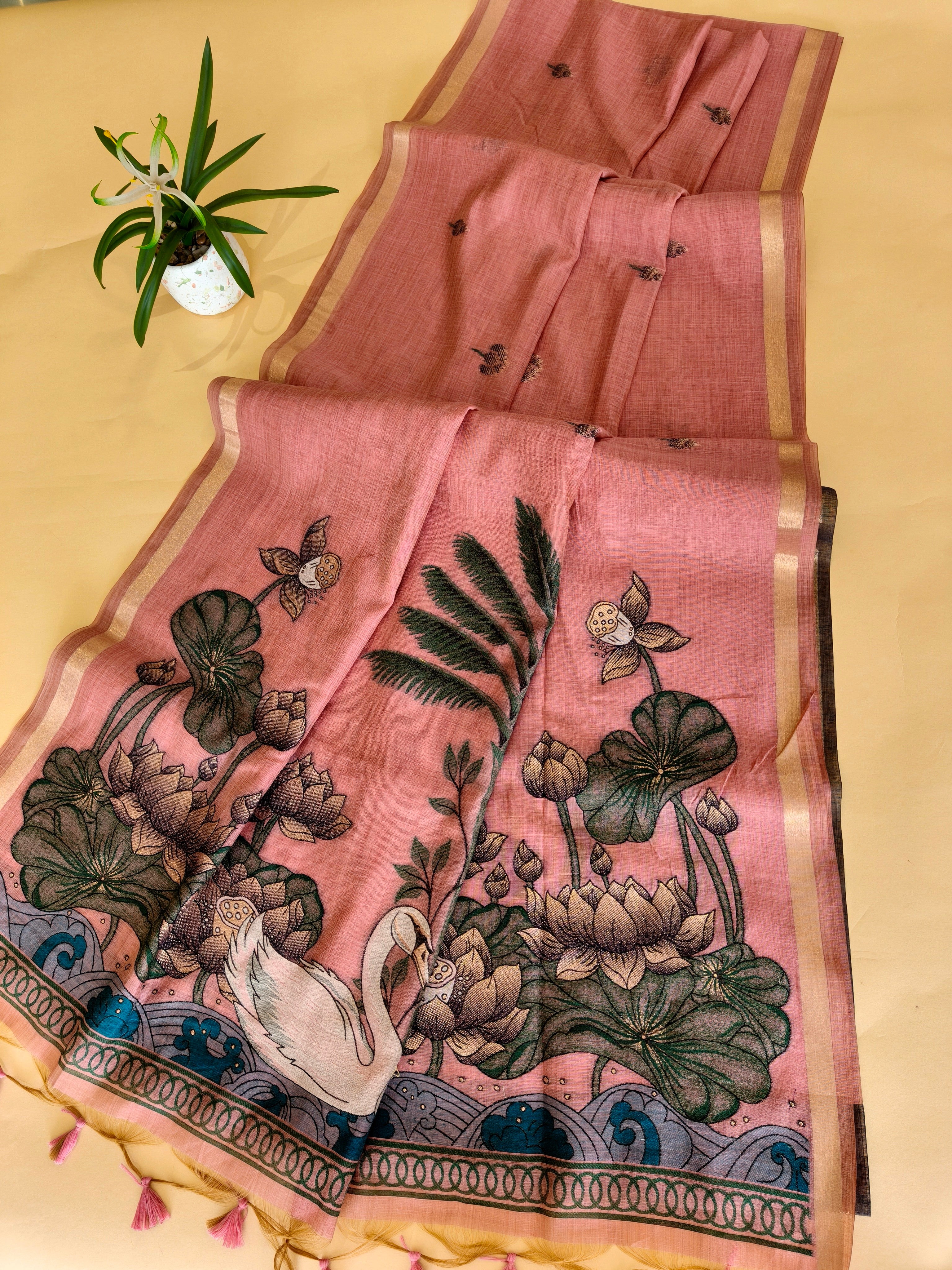 Muga Cotton Saree With Lotus Design Pallu - PEACH