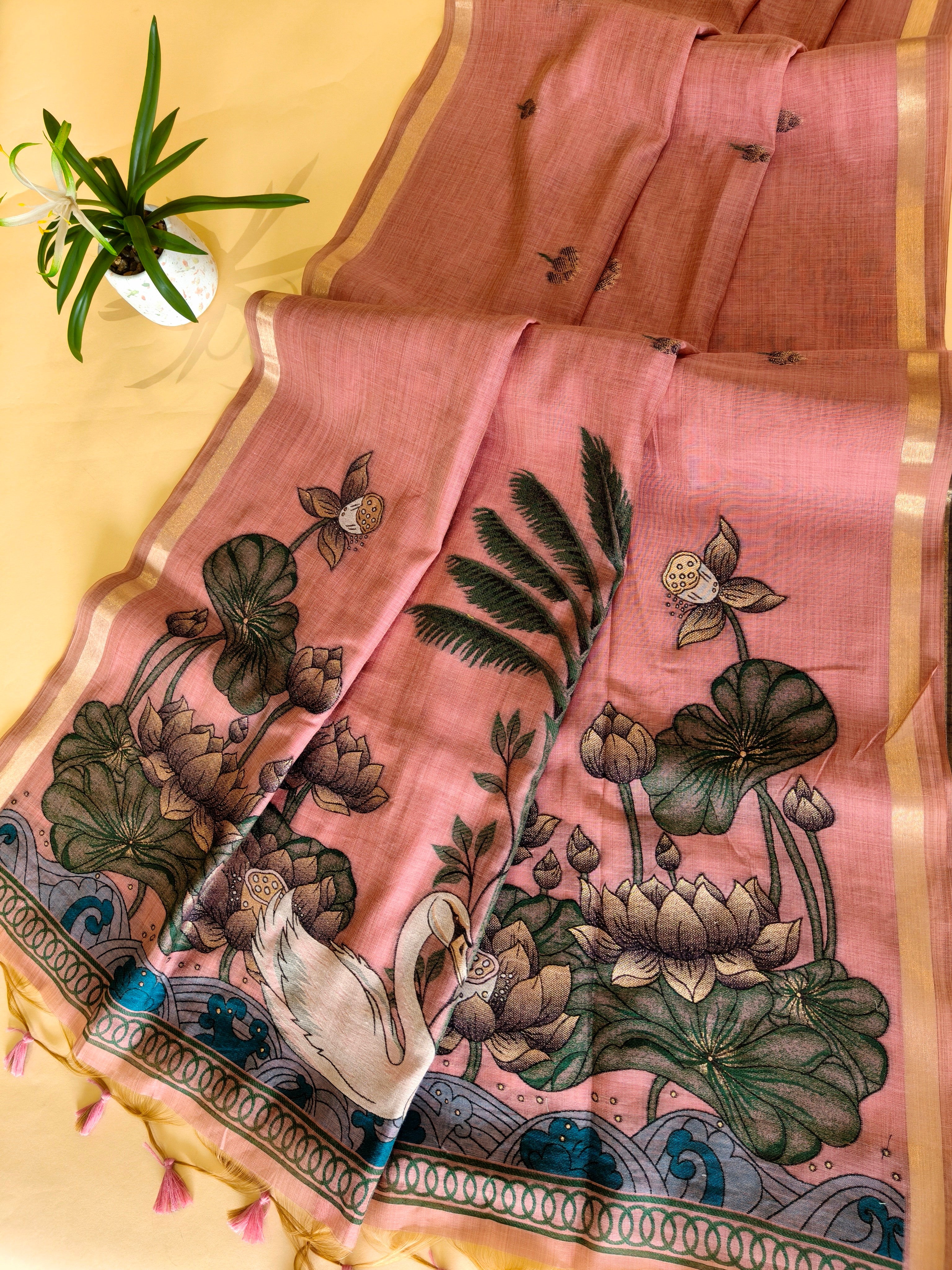 Muga Cotton Saree With Lotus Design Pallu - PEACH