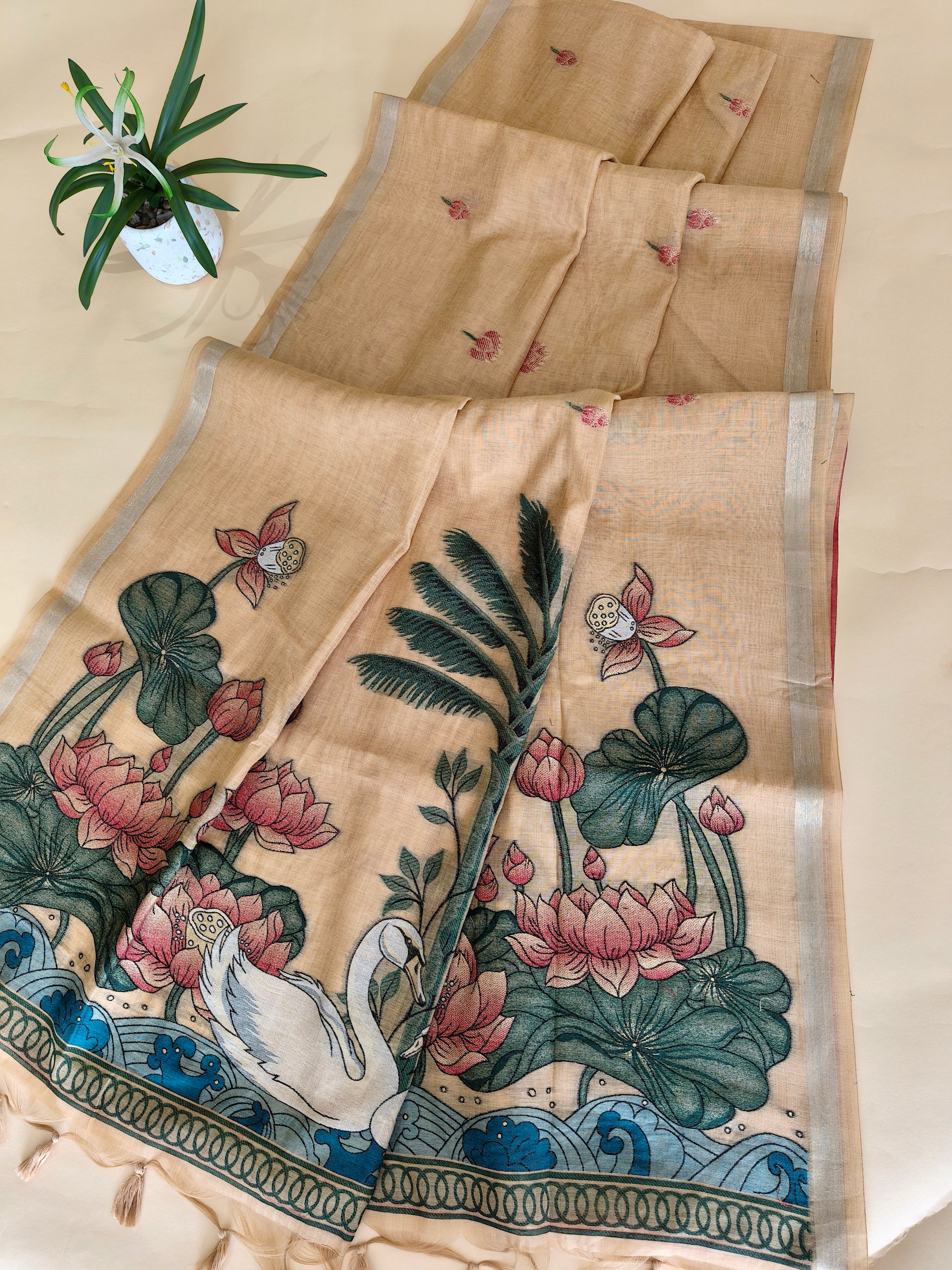 Muga Cotton Saree With Lotus Design Pallu - YELLOW