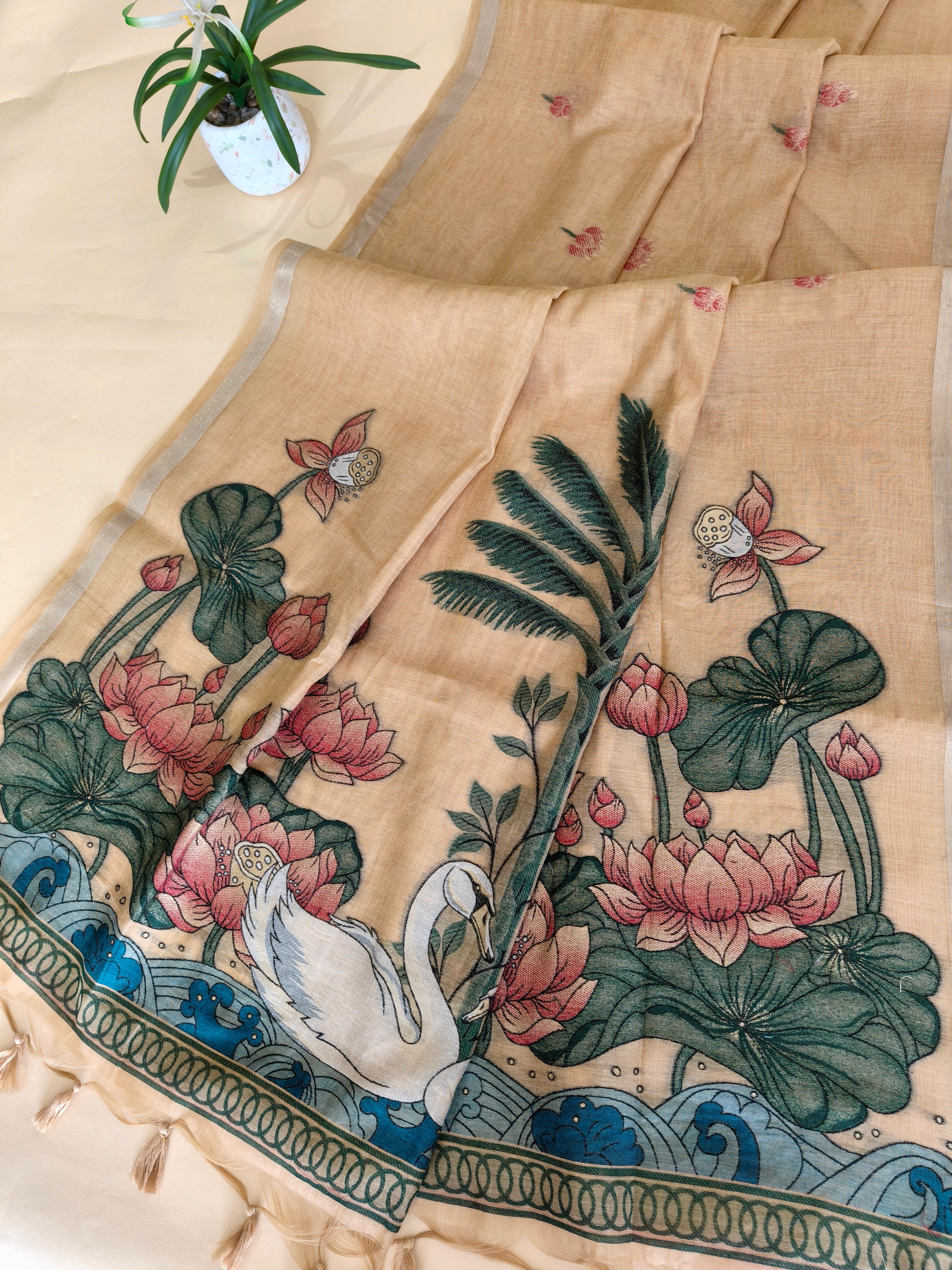 Muga Cotton Saree With Lotus Design Pallu - YELLOW