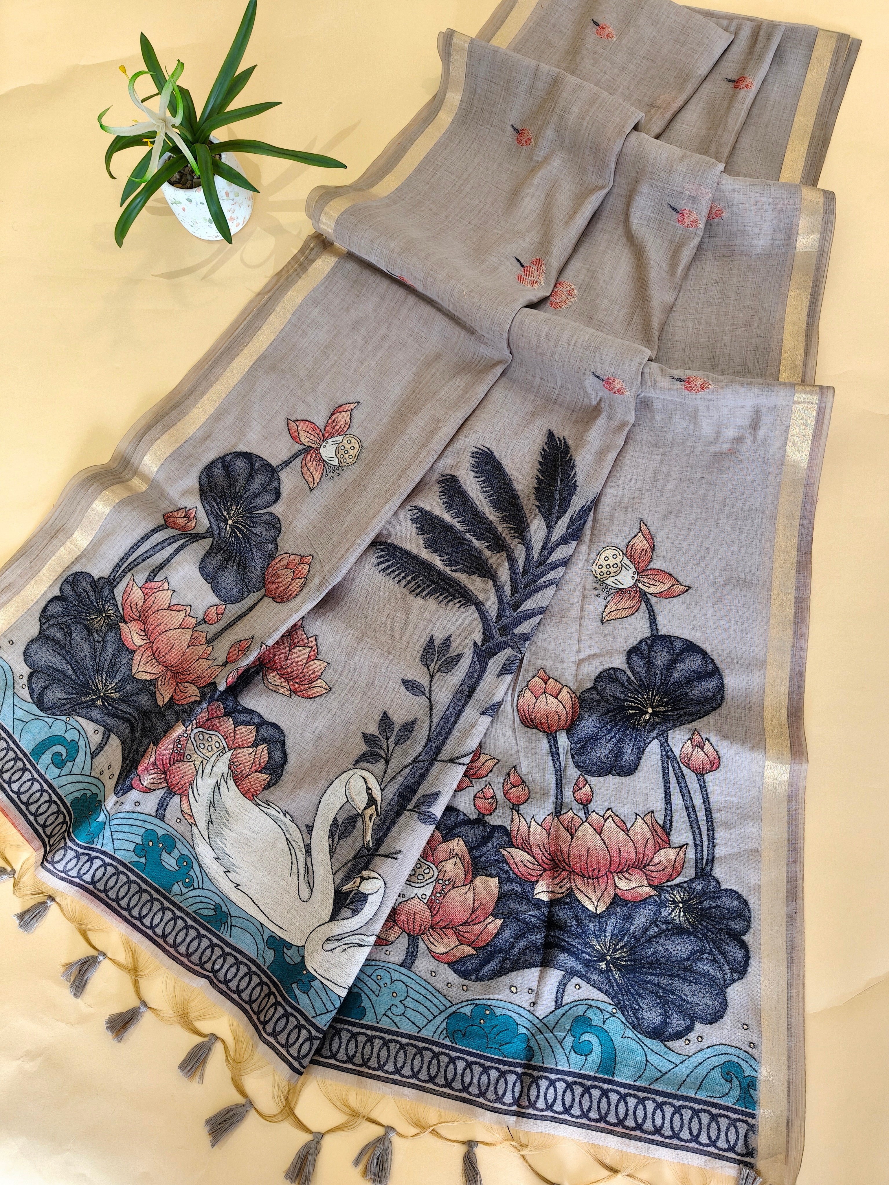 Muga Cotton Saree With Lotus Design Pallu - GREY