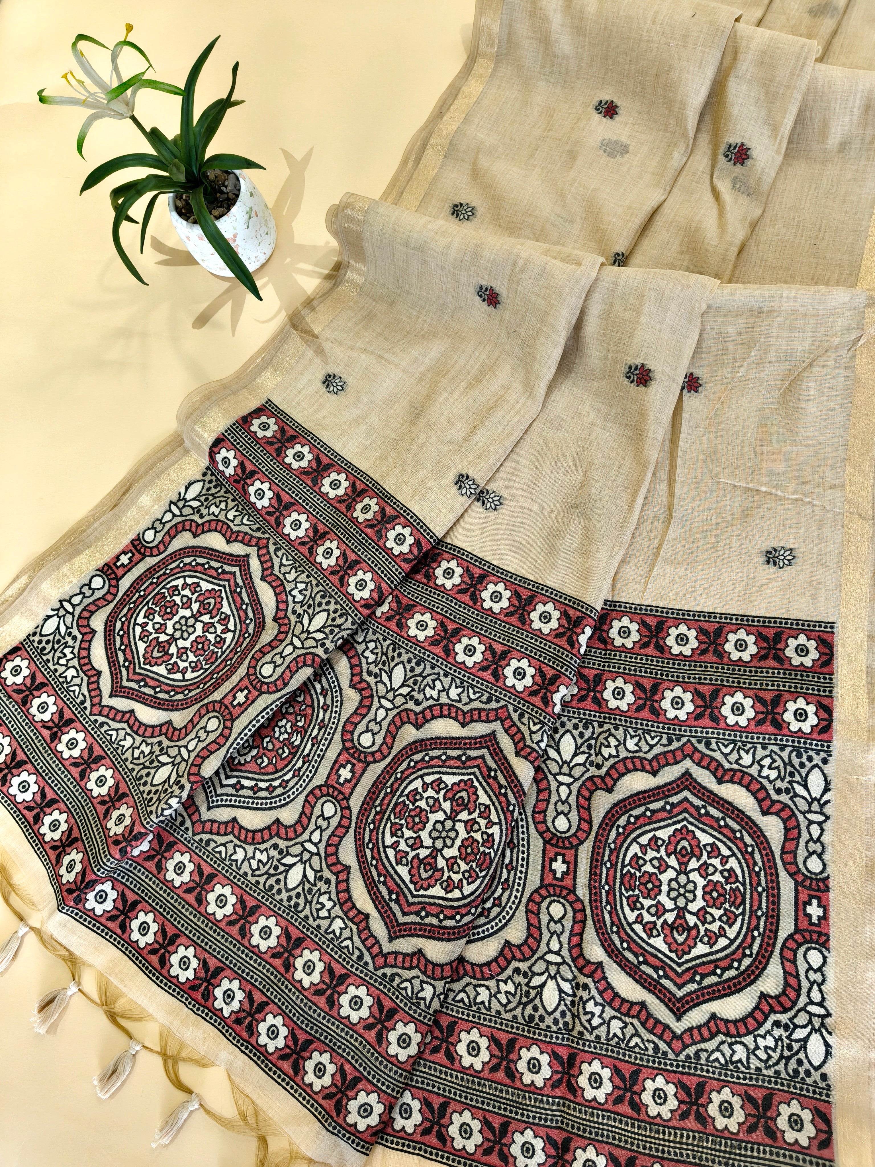Muga Cotton Saree With Ajrakh Pattern - CHIKU