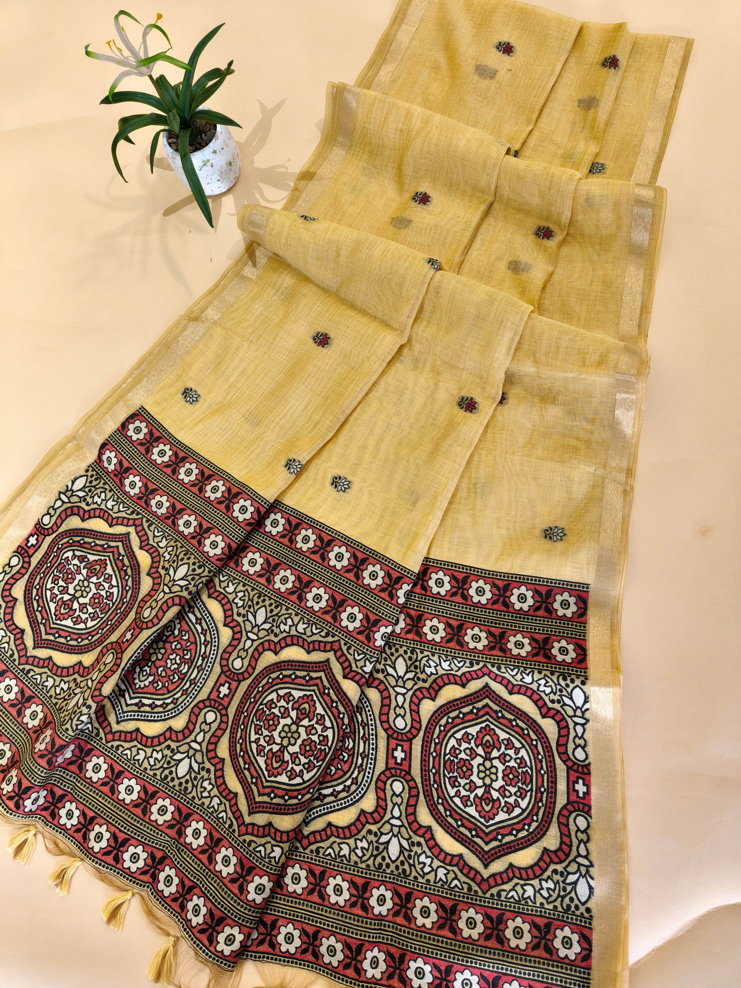 Muga Cotton Saree With Ajrakh Pattern - YELLOW