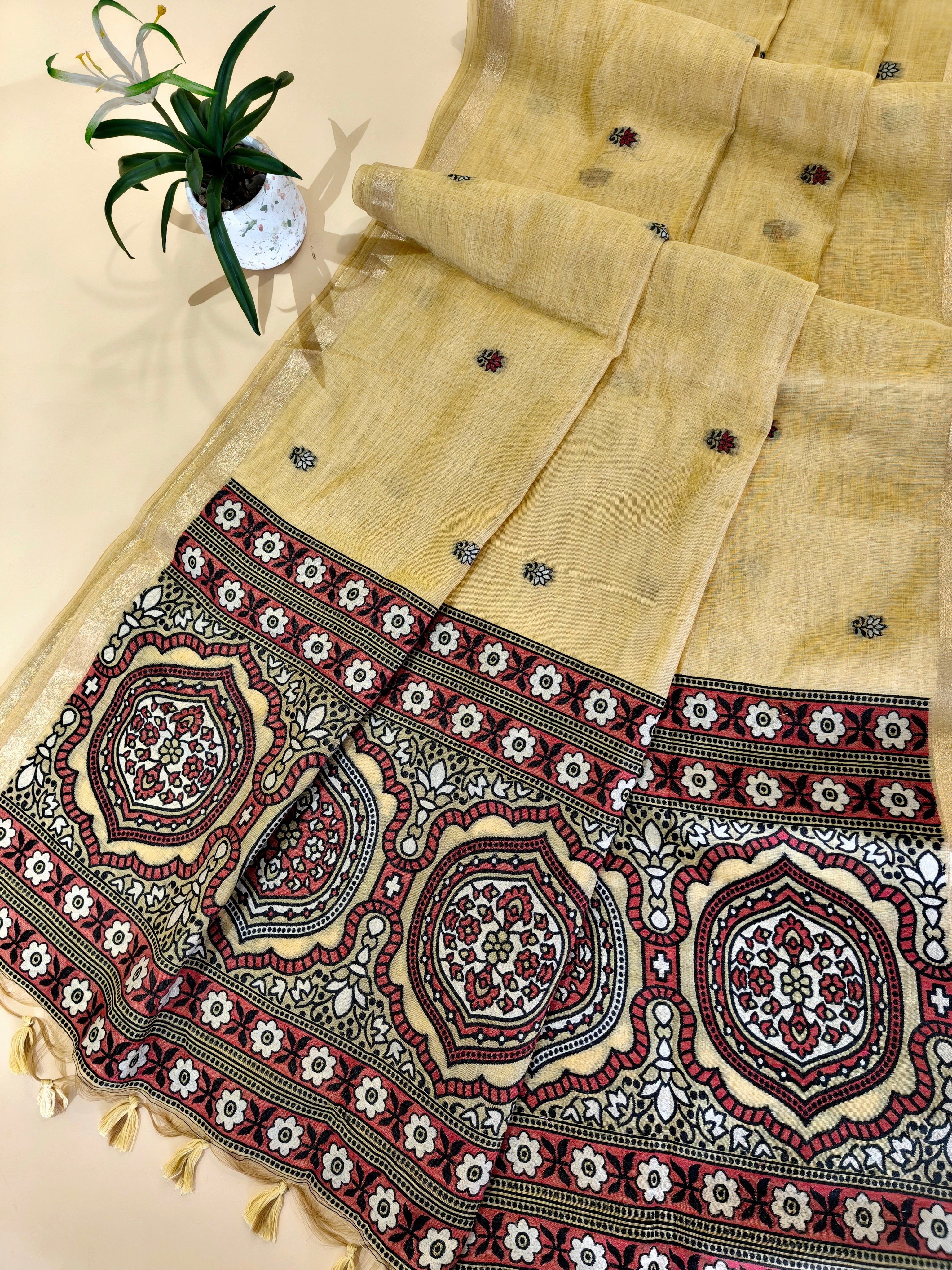 Muga Cotton Saree With Ajrakh Pattern - YELLOW