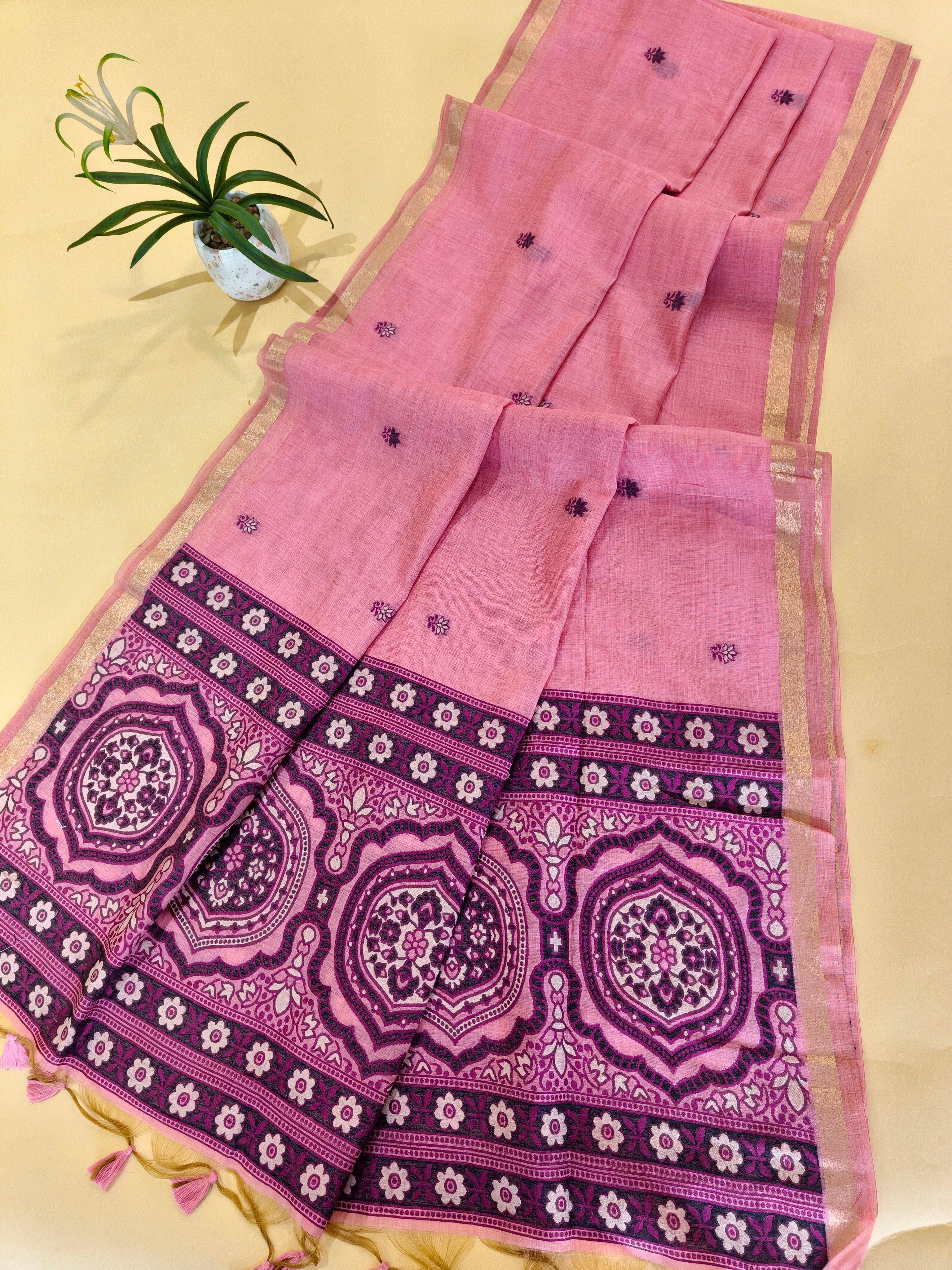 Muga Cotton Saree With Ajrakh Pattern - PINK
